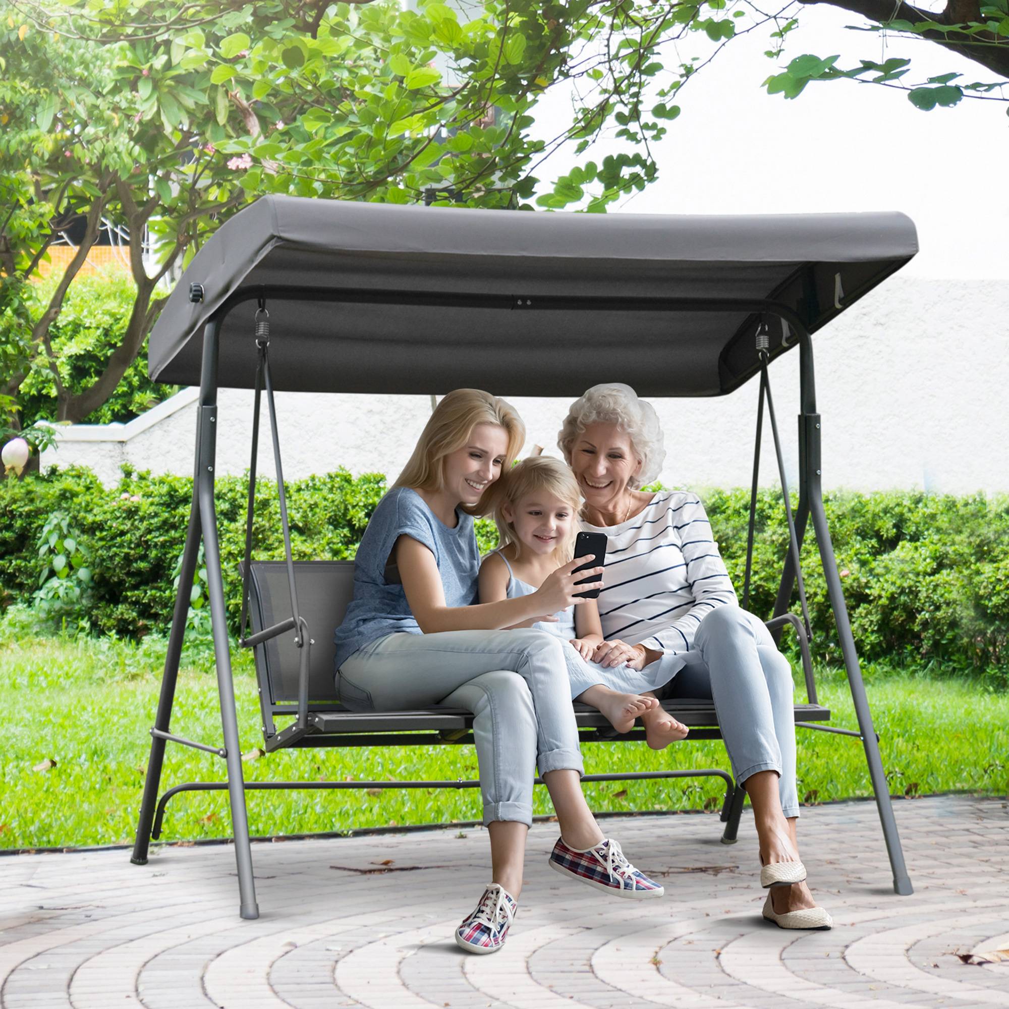 Balancelle 3 places acier terrasse toit réglable assise textilène 175cm gris - ComfortXL Outdoor Living - Image 3