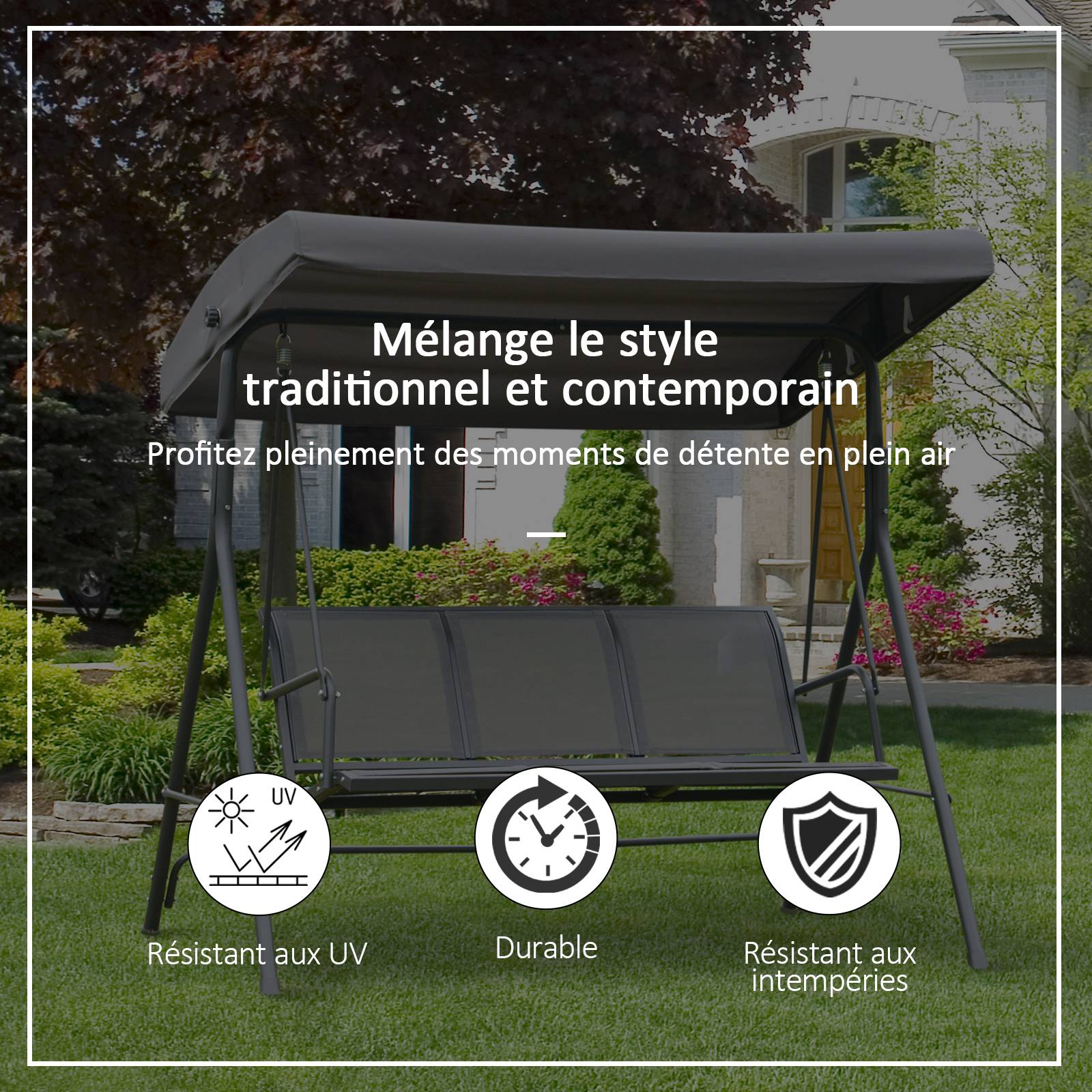 Balancelle 3 places acier terrasse toit réglable assise textilène 175cm gris - ComfortXL Outdoor Living - Image 6