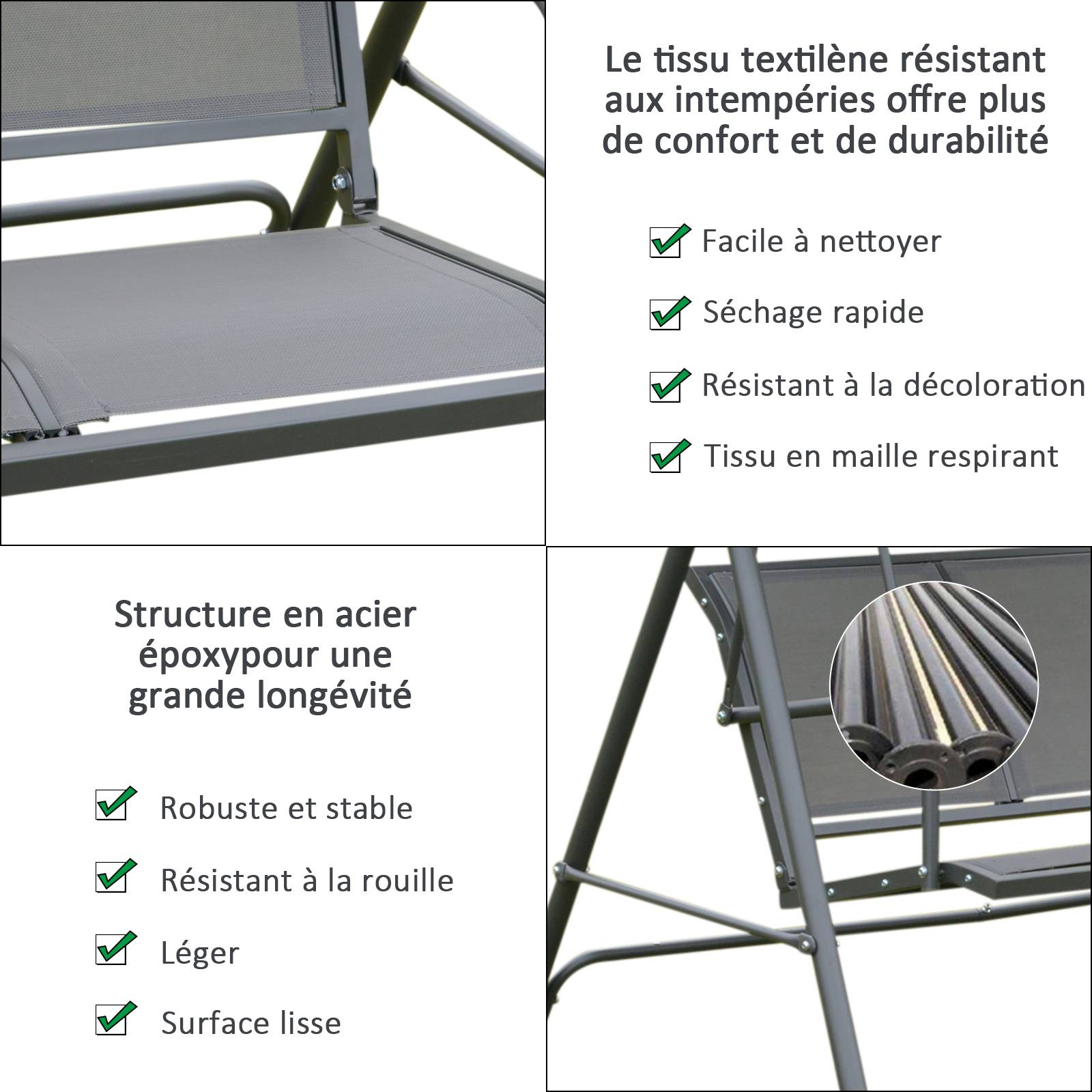 Balancelle 3 places acier terrasse toit réglable assise textilène 175cm gris - ComfortXL Outdoor Living - Image 8