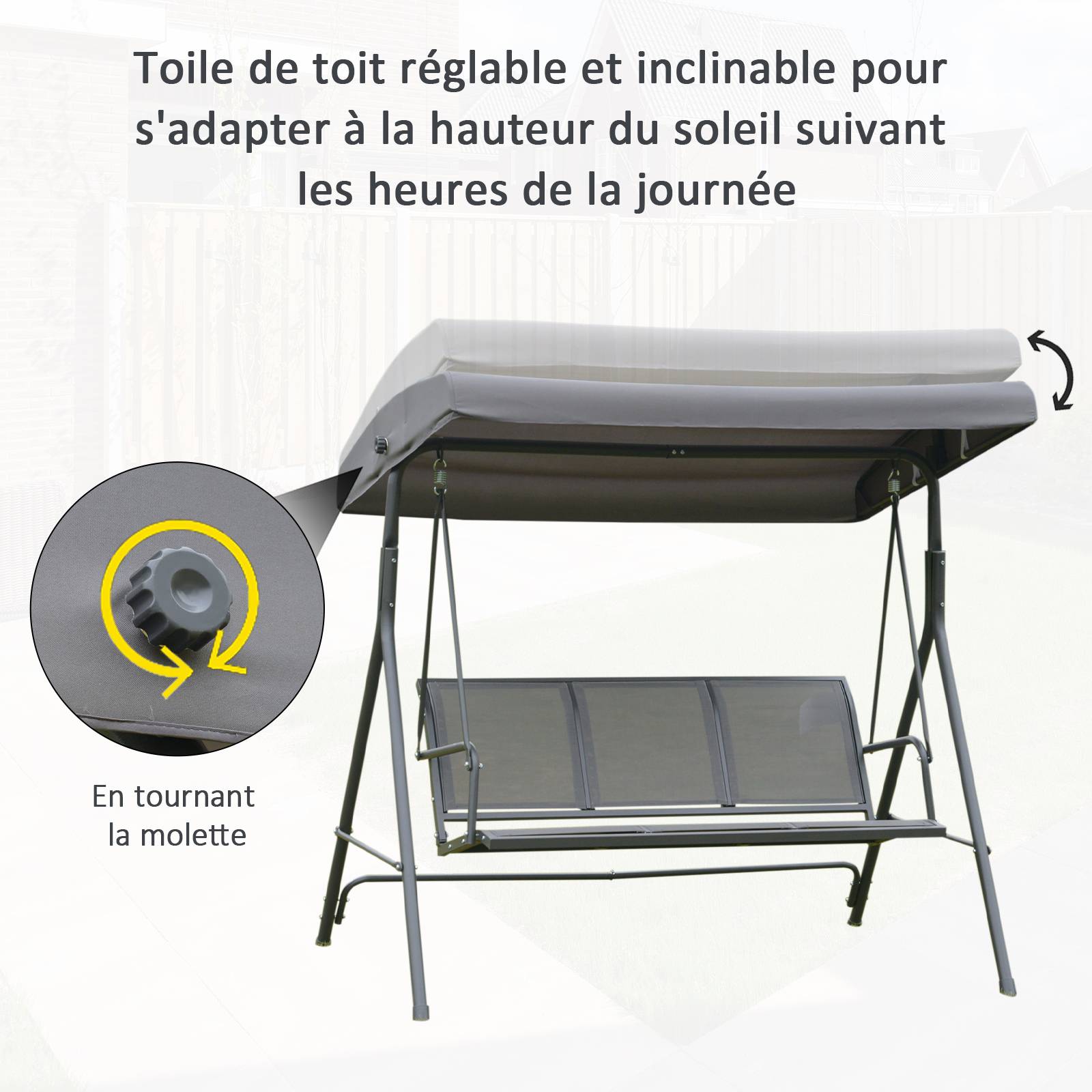 Balancelle 3 places acier terrasse toit réglable assise textilène 175cm gris - ComfortXL Outdoor Living - Image 7