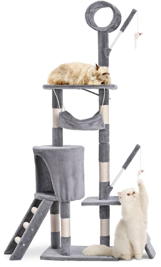 Arbre à chat 155cm multi niveaux gris - avec griffoir, niche, jouet et plateforme - arbre à grimper - VOUNOT® - Image 1