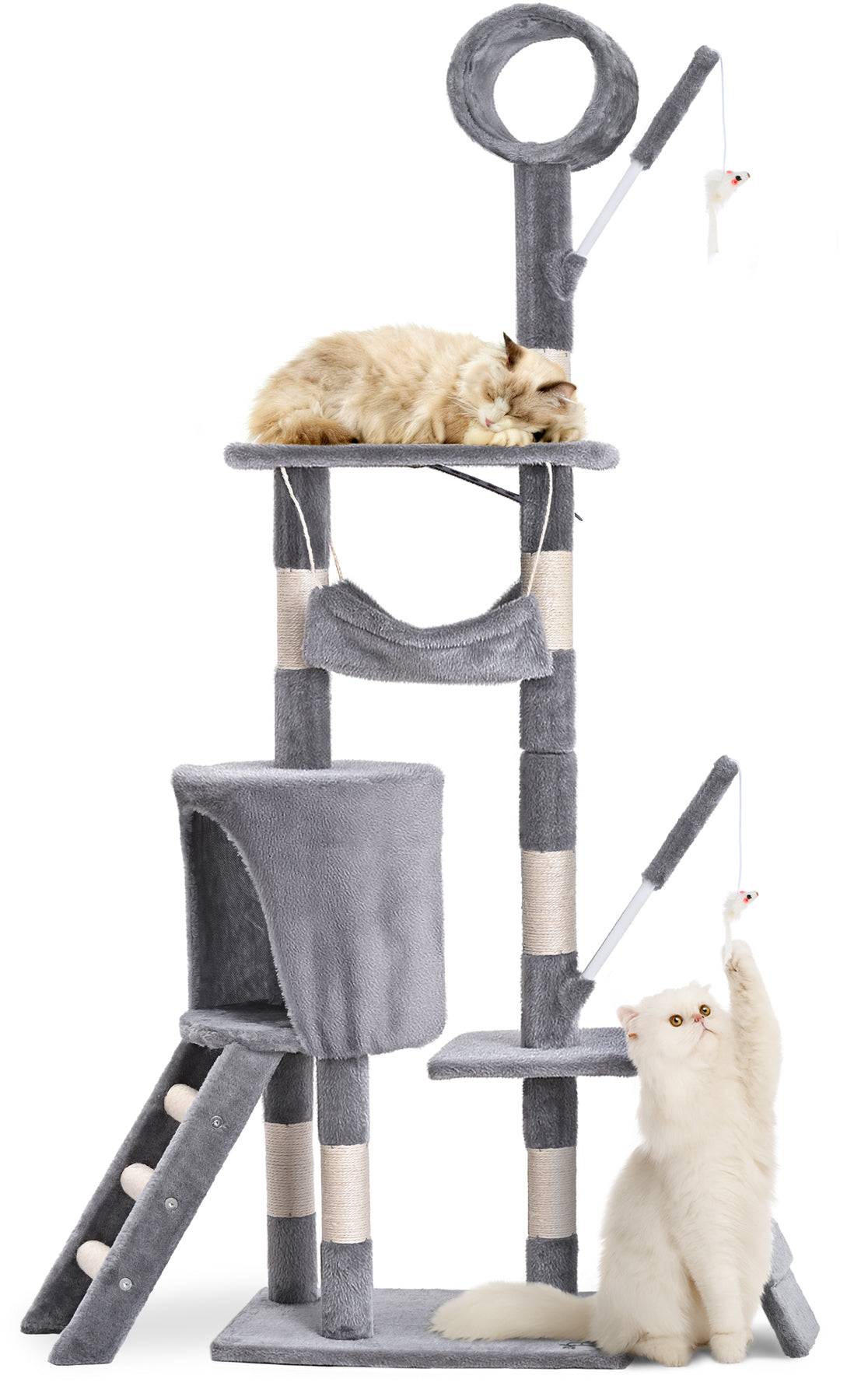 Arbre à chat 155cm multi niveaux gris - avec griffoir, niche, jouet et plateforme - arbre à grimper - VOUNOT® - Image 1