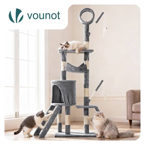 Arbre à chat 155cm multi niveaux gris - avec griffoir, niche, jouet et plateforme - arbre à grimper - VOUNOT® - Image 2