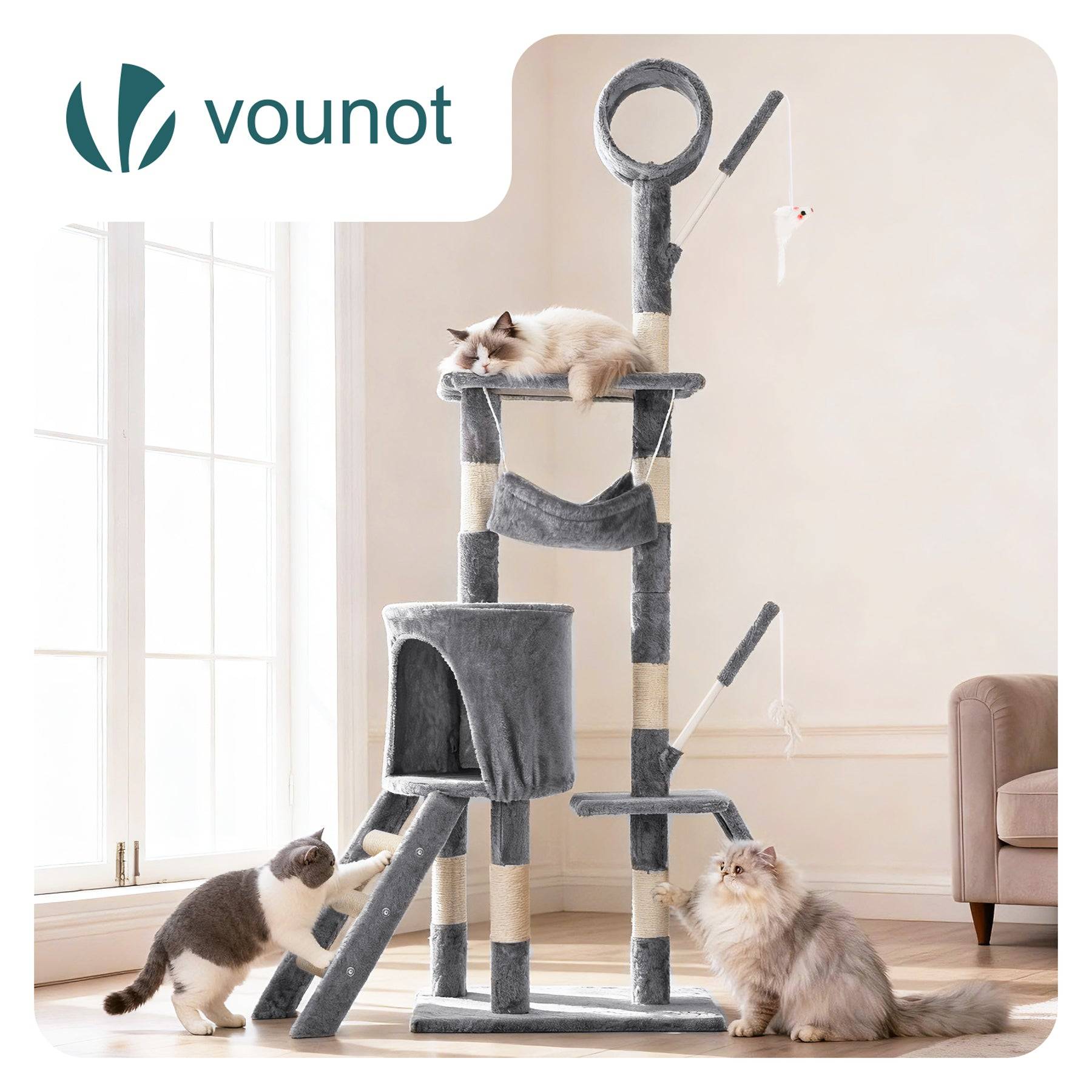 Arbre à chat 155cm multi niveaux gris - avec griffoir, niche, jouet et plateforme - arbre à grimper - VOUNOT® - Image 2