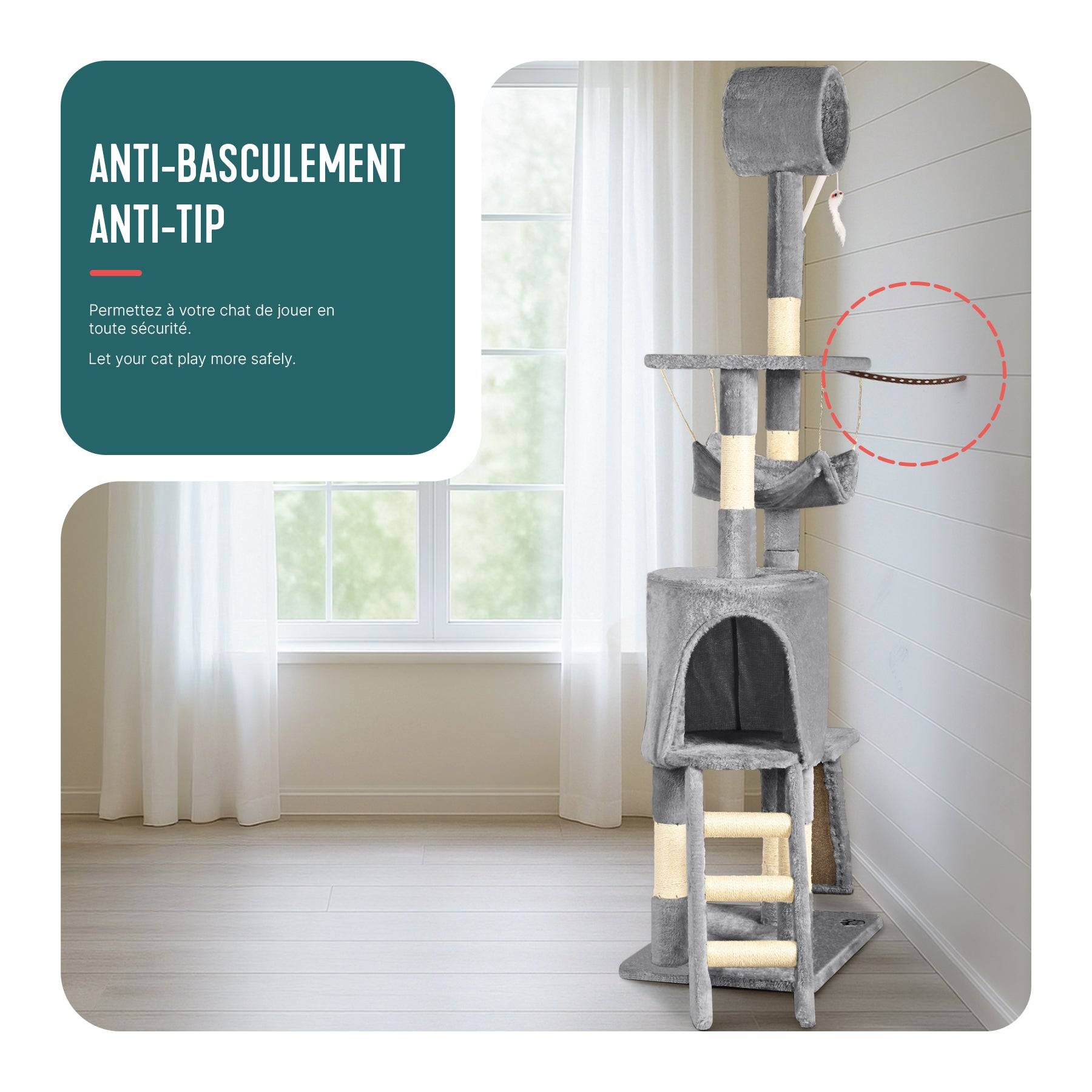 Arbre à chat 155cm multi niveaux gris - avec griffoir, niche, jouet et plateforme - arbre à grimper - VOUNOT® - Image 4