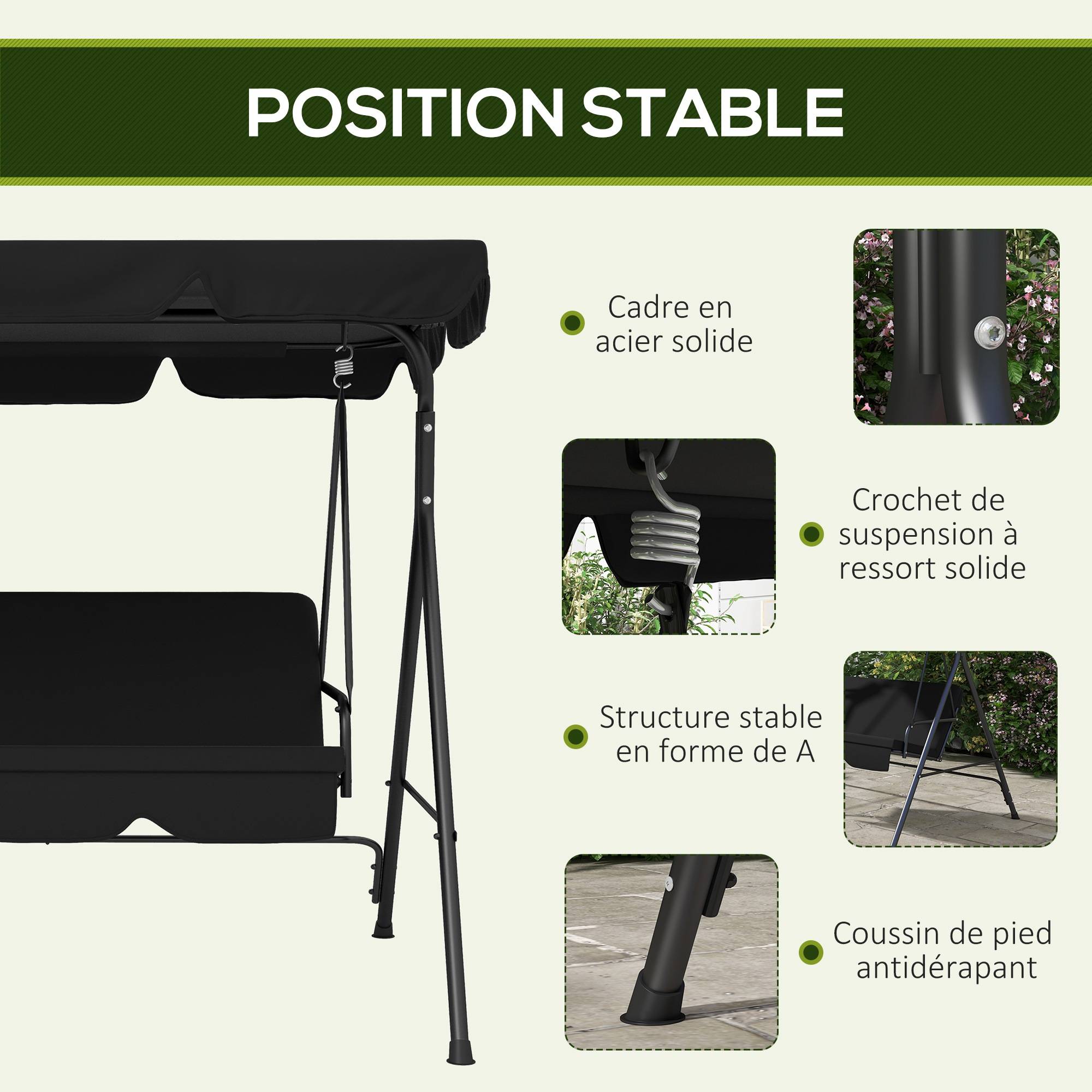 Outsunny - Balancelle de jardin 3 places toit réglable coussins assise dossier acier polyester noir - Outsunny - Imagen 5