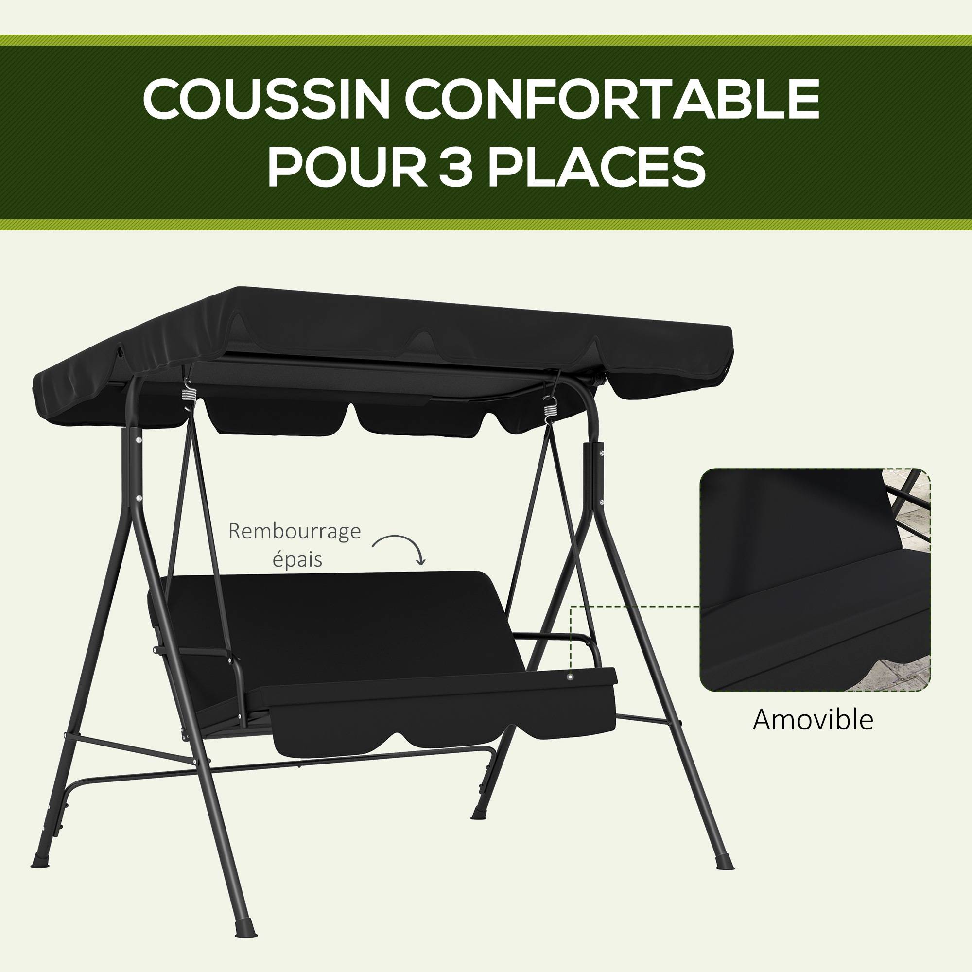 Outsunny - Balancelle de jardin 3 places toit réglable coussins assise dossier acier polyester noir - Outsunny - Imagen 7