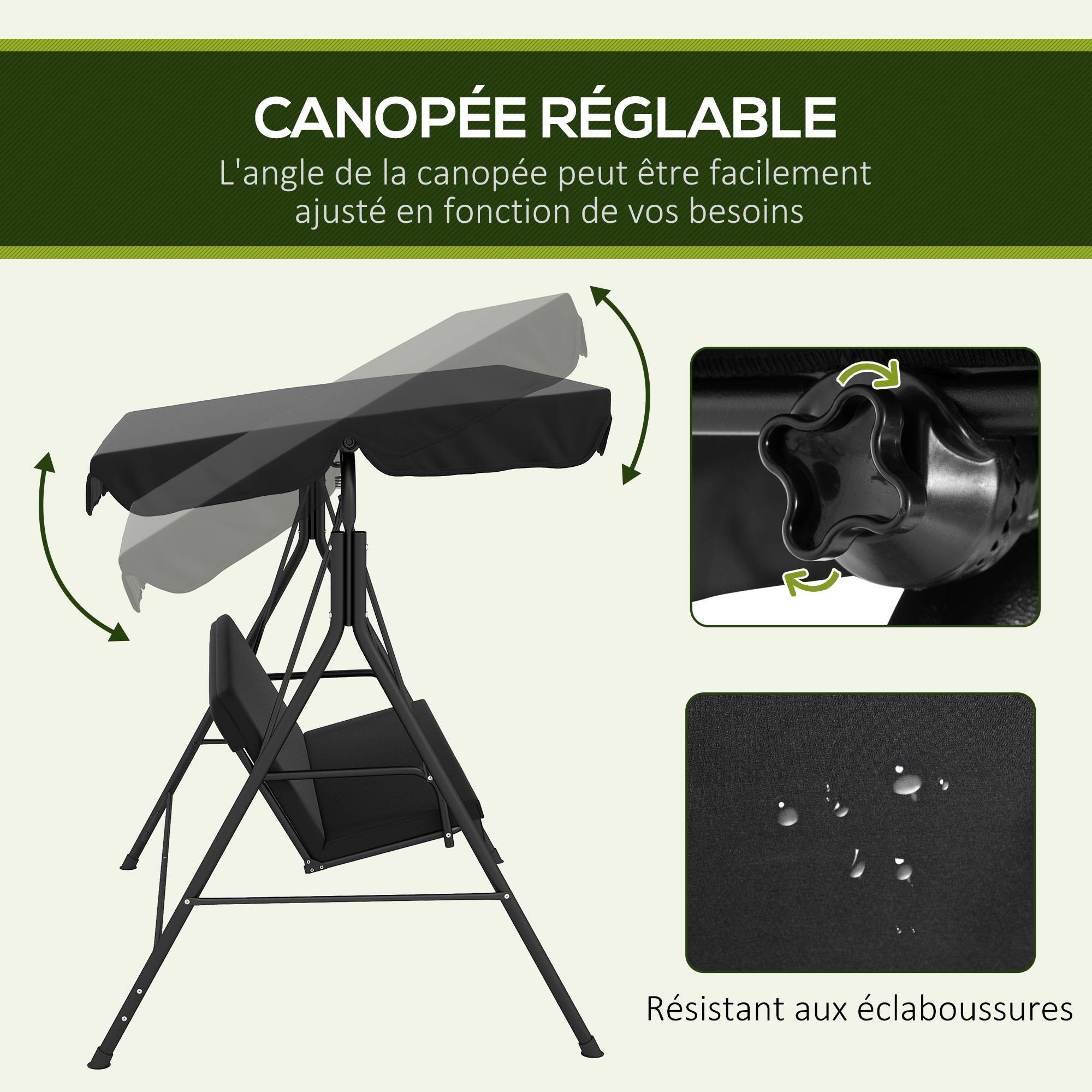 Outsunny - Balancelle de jardin 3 places toit réglable coussins assise dossier acier polyester noir - Outsunny - Imagen 4