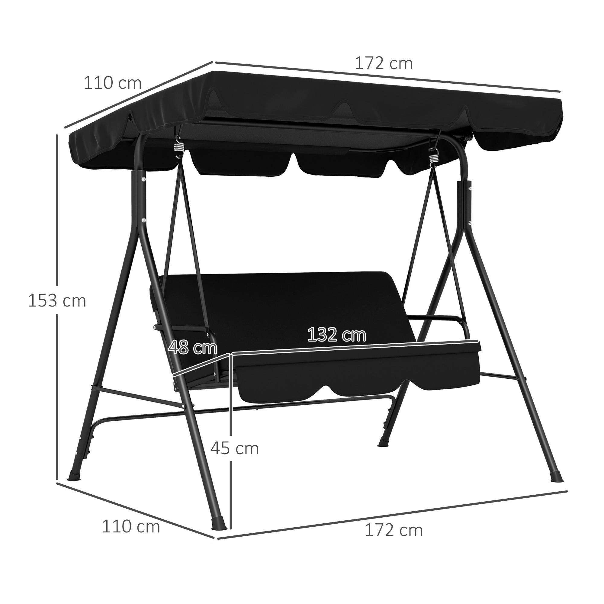 Outsunny - Balancelle de jardin 3 places toit réglable coussins assise dossier acier polyester noir - Outsunny - Imagen 3