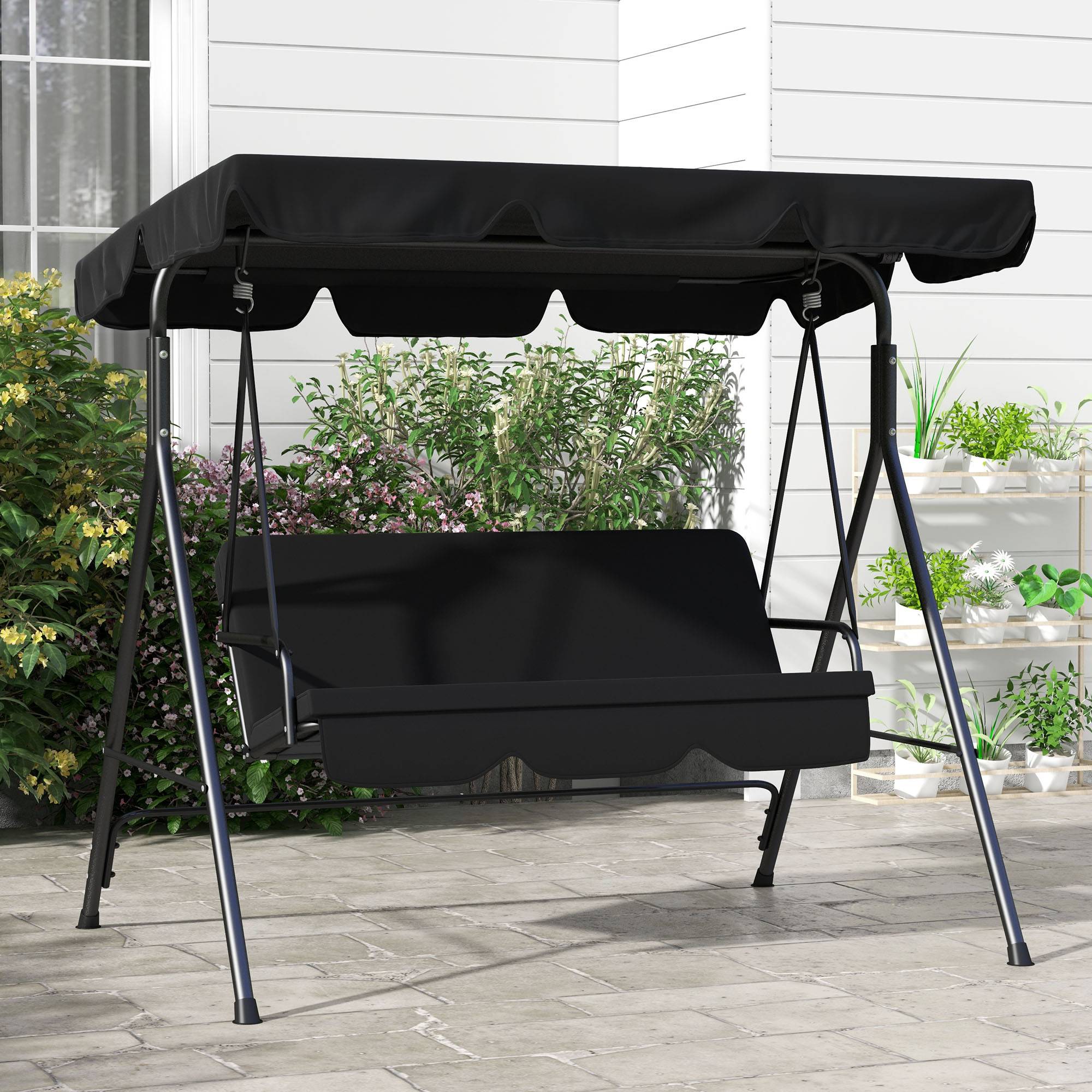 Outsunny - Balancelle de jardin 3 places toit réglable coussins assise dossier acier polyester noir - Outsunny - Imagen 8