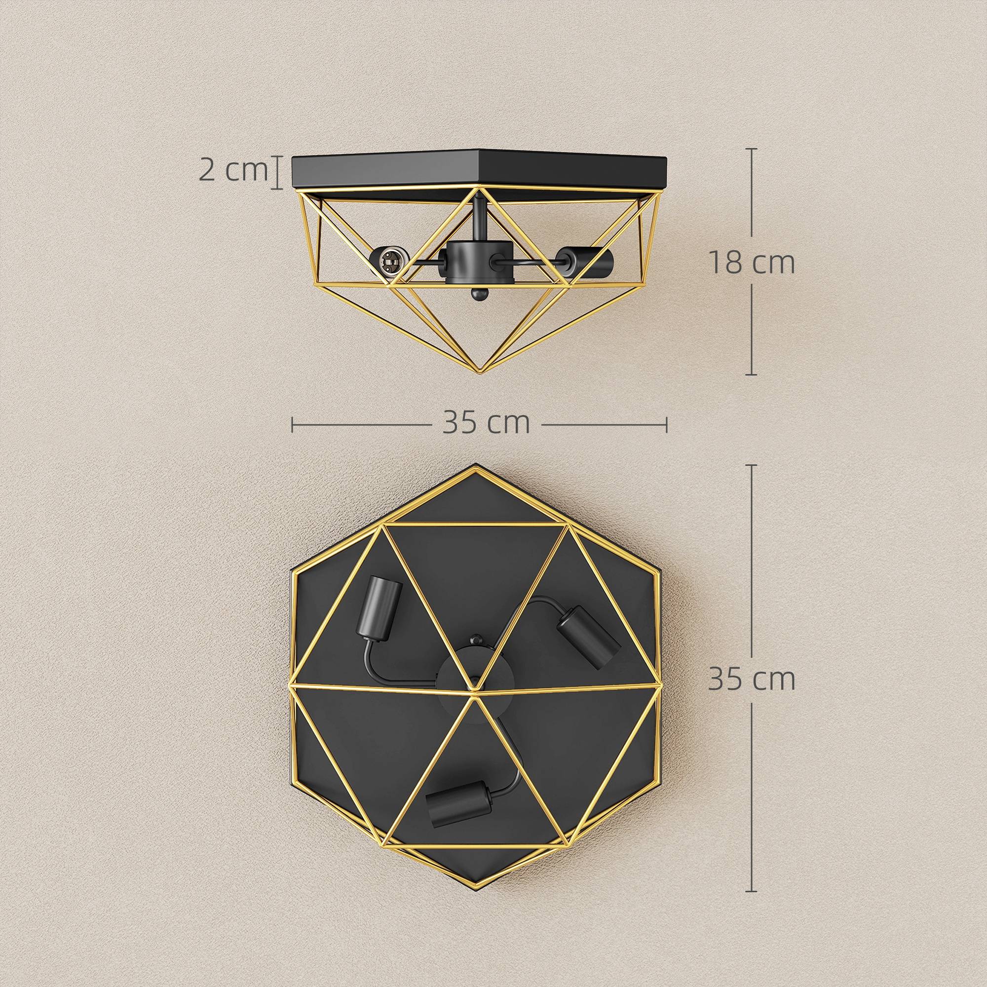 Sans Marque - Plafonnier géométrique style industriel 3 douilles E27 ampoules LED noir or - Image 4