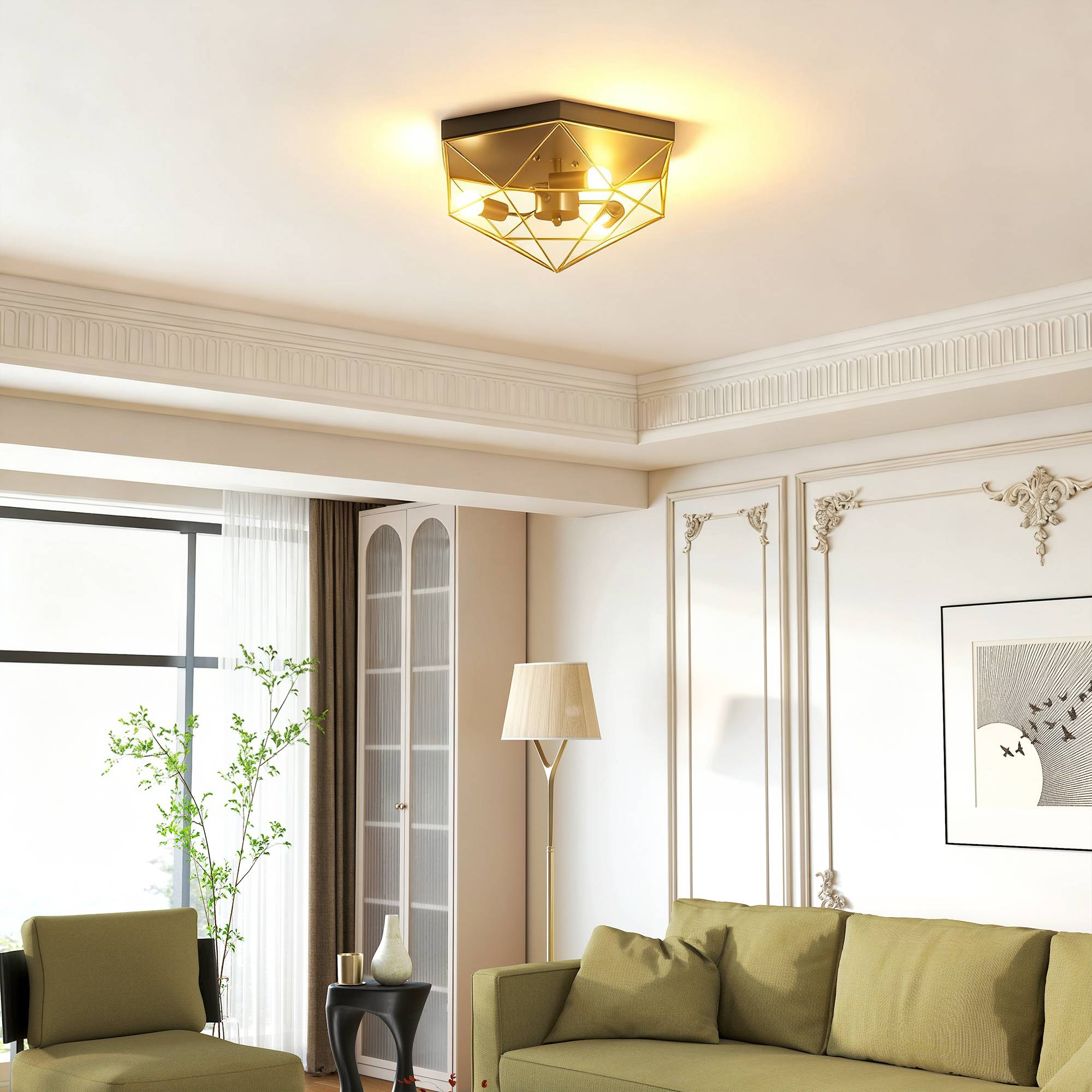Sans Marque - Plafonnier géométrique style industriel 3 douilles E27 ampoules LED noir or - Image 3
