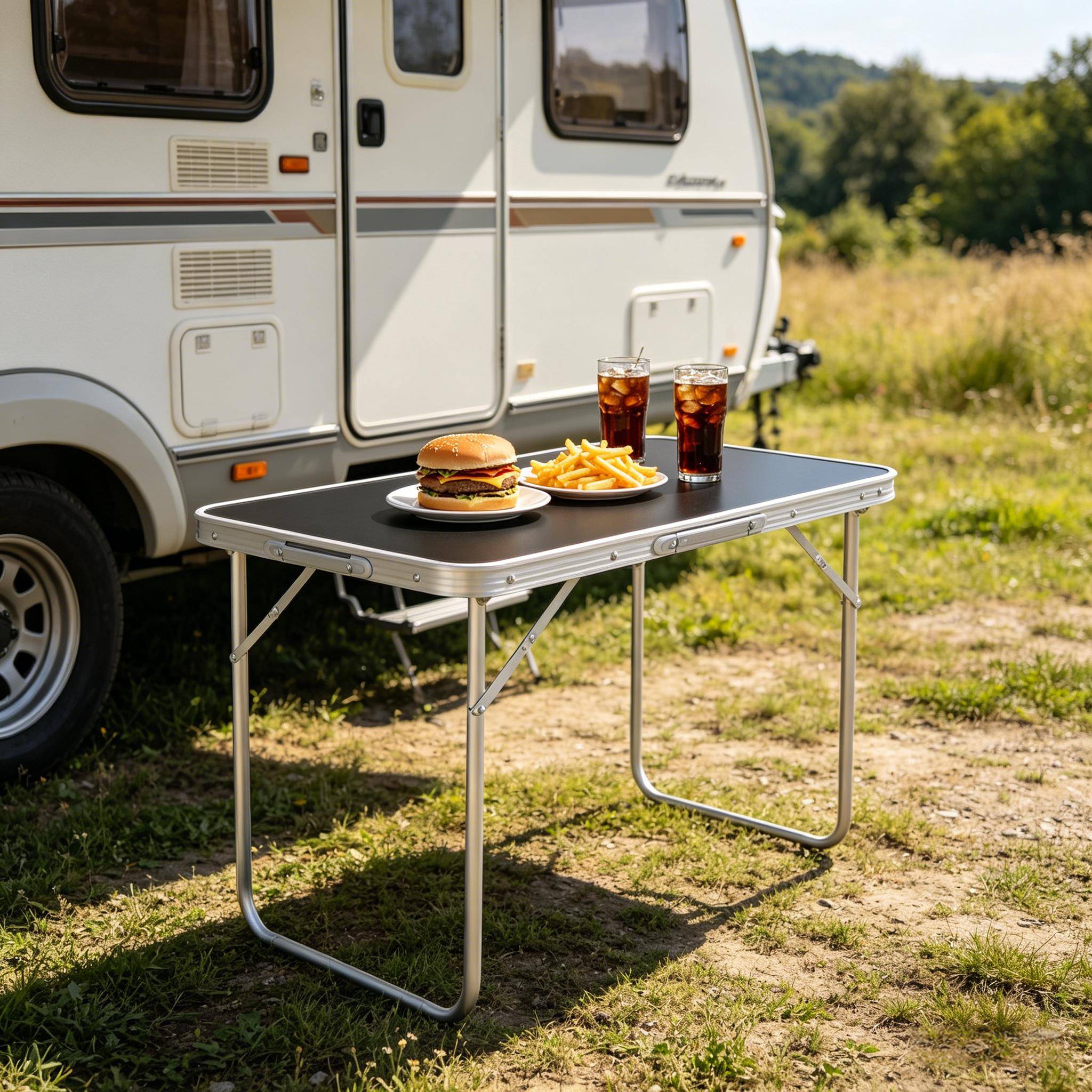 Table pliante aluminium MDF camping jardin ultra-légère portable 70x50x60cm Noir - ComfortXL Outdoor Living - Image 1