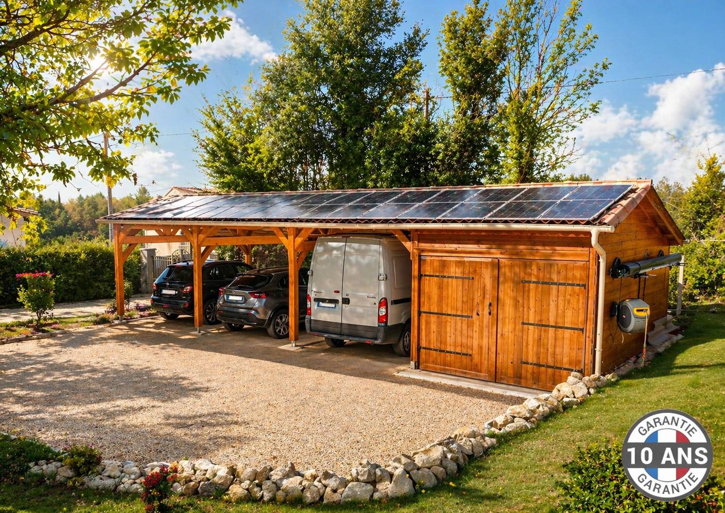 Carport SUR MESURE  deux pentes 350 cm x 10 poteaux, bois DOUGLAS Français  (Charpente en bois-auvent-abri voiture). Garantie 10 ans - Image 3