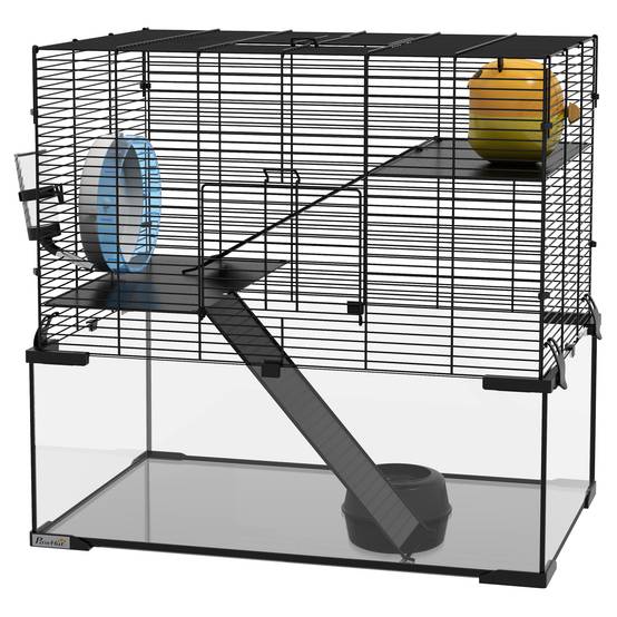 Cage hamster 3 niveaux en acier et verre pour rongeurs avec accessoires 60x40x57cm noir - ComfortXL Outdoor Living - Image 2