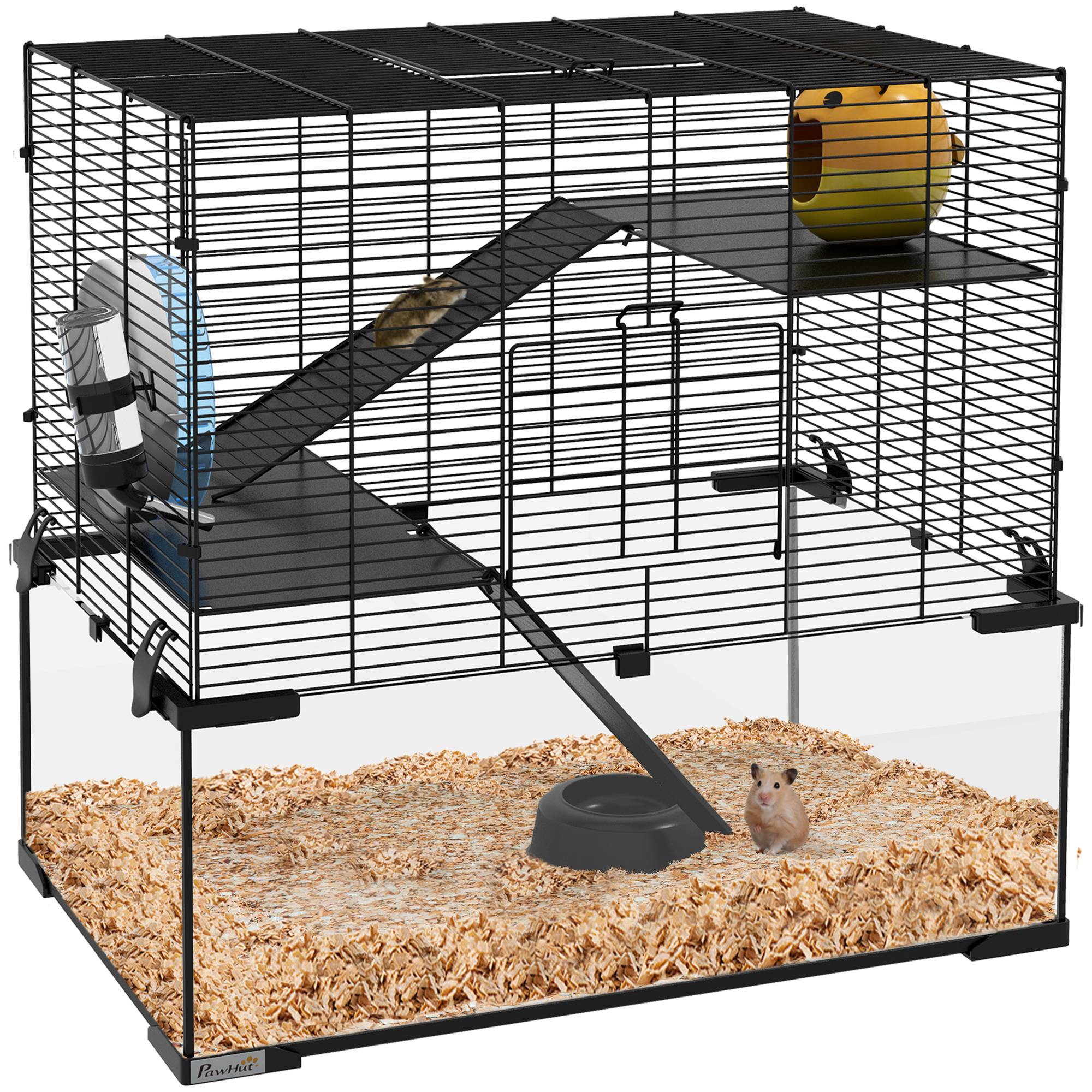 Cage hamster 3 niveaux en acier et verre pour rongeurs avec accessoires 60x40x57cm noir - ComfortXL Outdoor Living - Image 1
