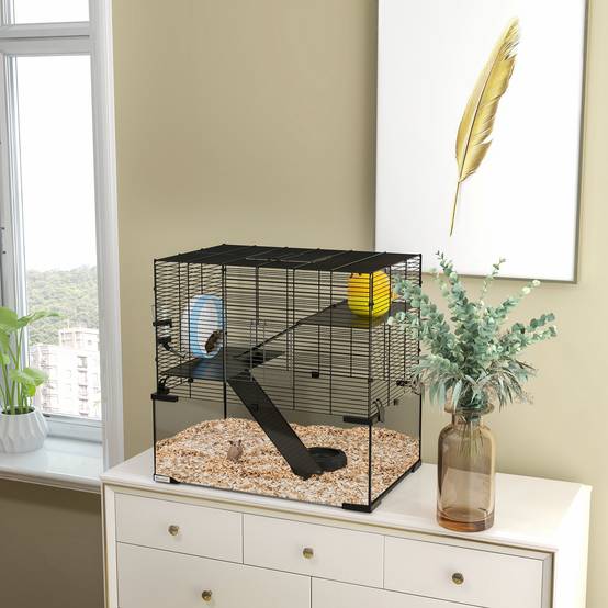 Cage hamster 3 niveaux en acier et verre pour rongeurs avec accessoires 60x40x57cm noir - ComfortXL Outdoor Living - Image 4