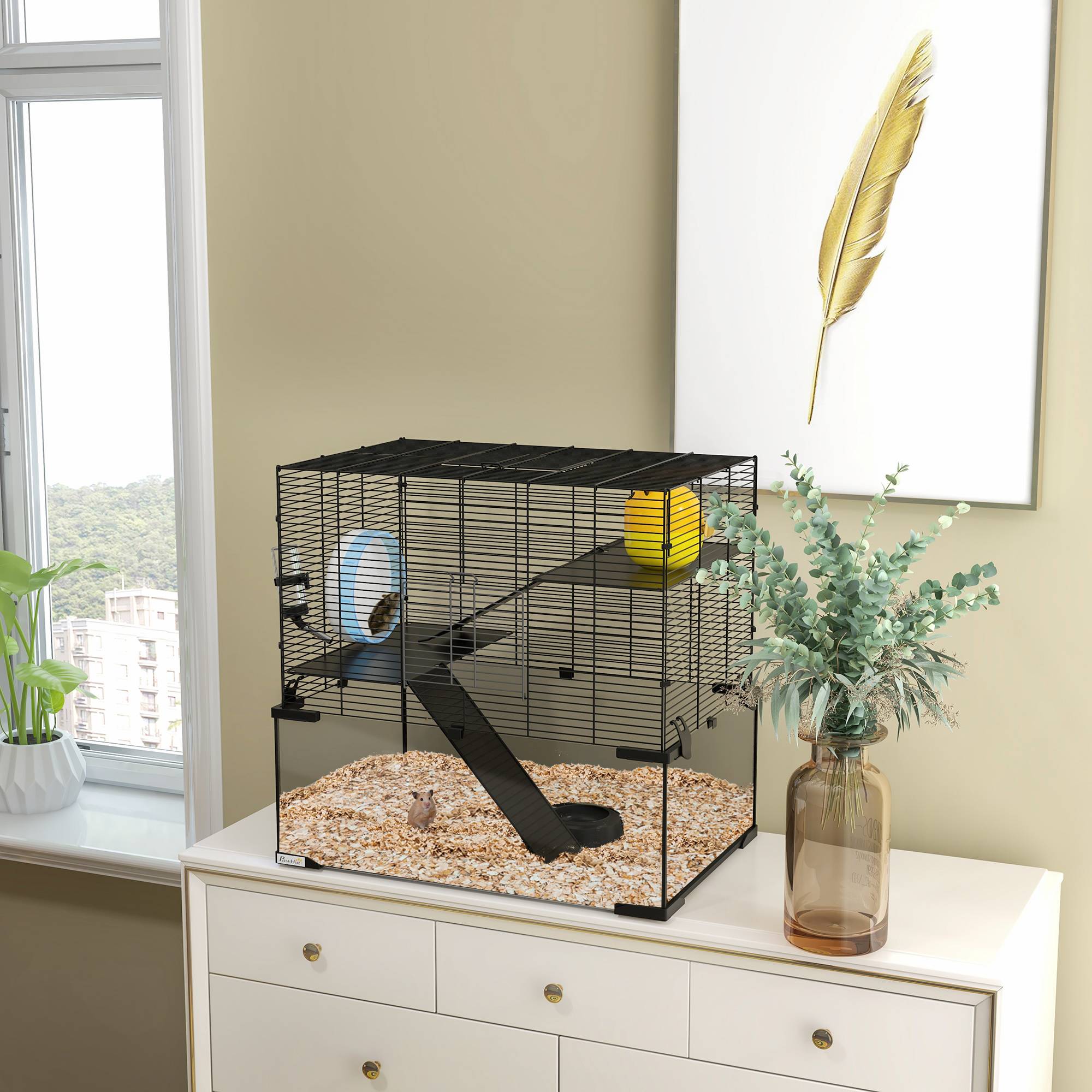 Cage hamster 3 niveaux en acier et verre pour rongeurs avec accessoires 60x40x57cm noir - ComfortXL Outdoor Living - Image 4