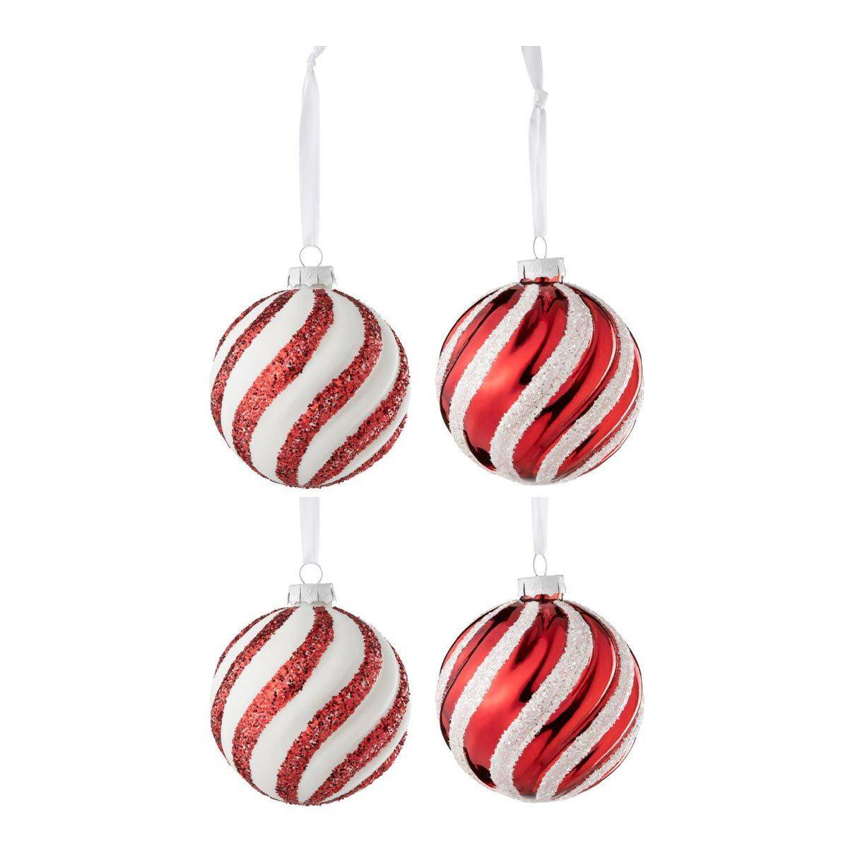 Lot de 4 Boules de Noël "Orge" 10cm Rouge & Blanc