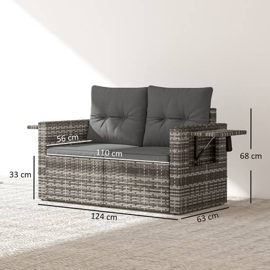 Canapé de jardin 2 places en rotin pliable avec plateaux latéraux, coussins amovibles, Gris clair - Image 3