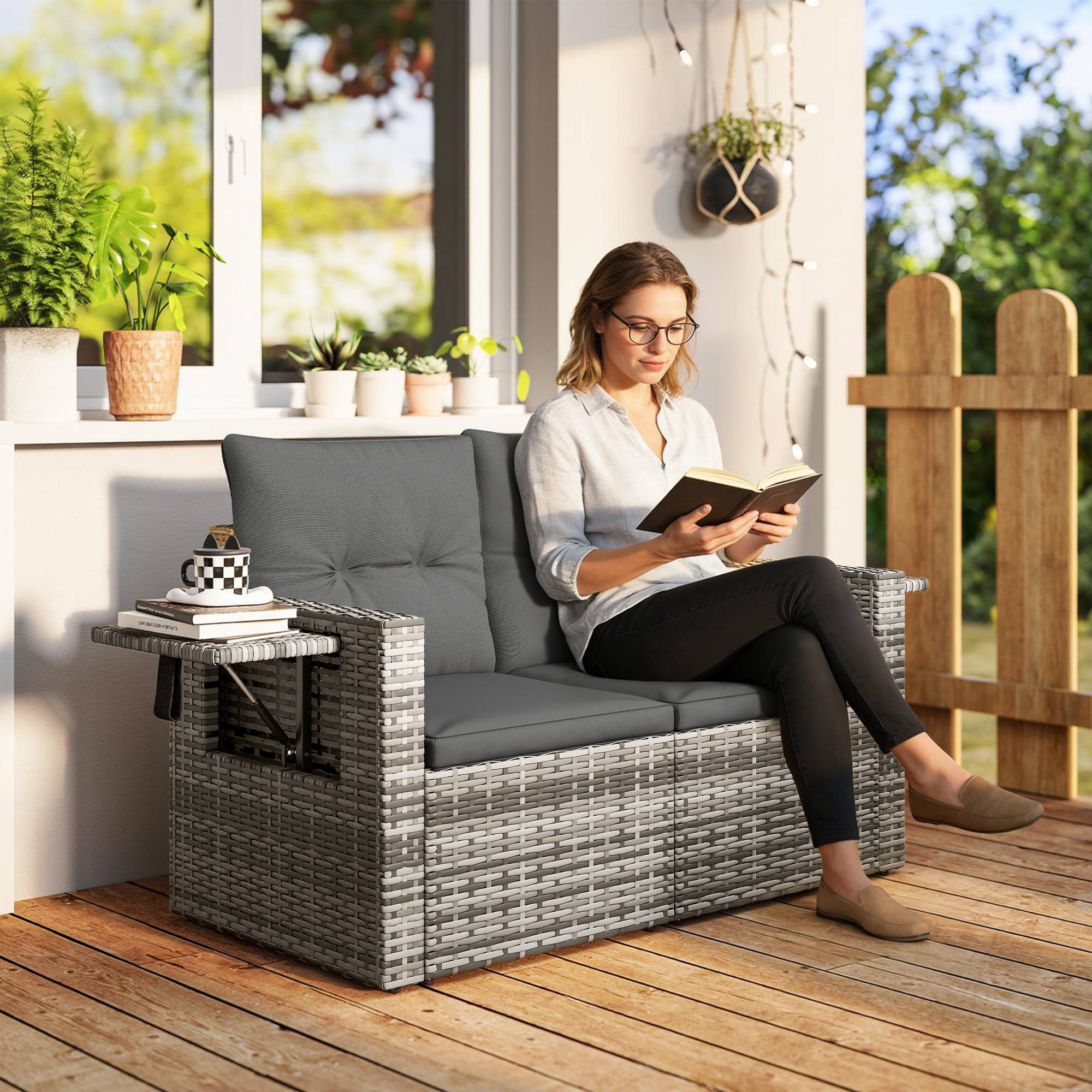Canapé de jardin 2 places en rotin pliable avec plateaux latéraux, coussins amovibles, Gris clair - Image 2