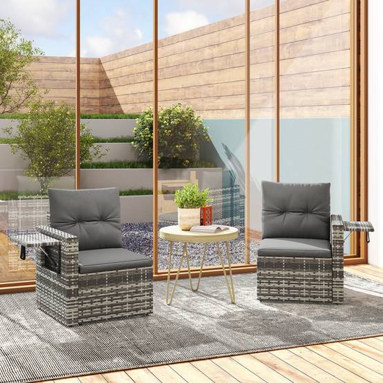 Canapé de jardin 2 places en rotin pliable avec plateaux latéraux, coussins amovibles, Gris clair - Image 9