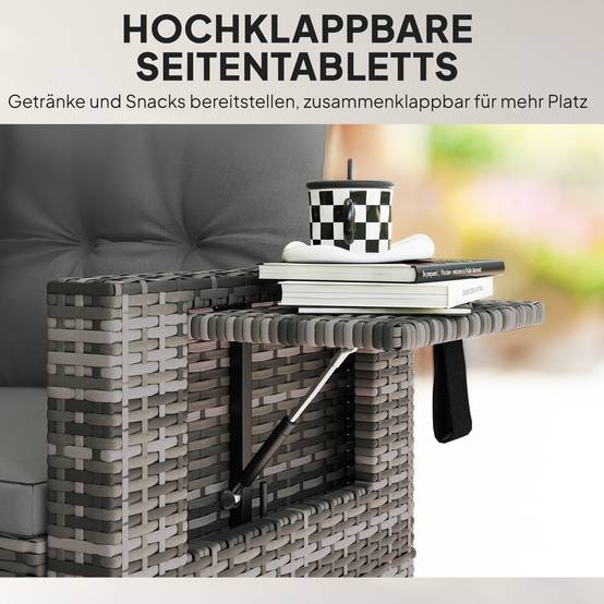 Canapé de jardin 2 places en rotin pliable avec plateaux latéraux, coussins amovibles, Gris clair - Image 5
