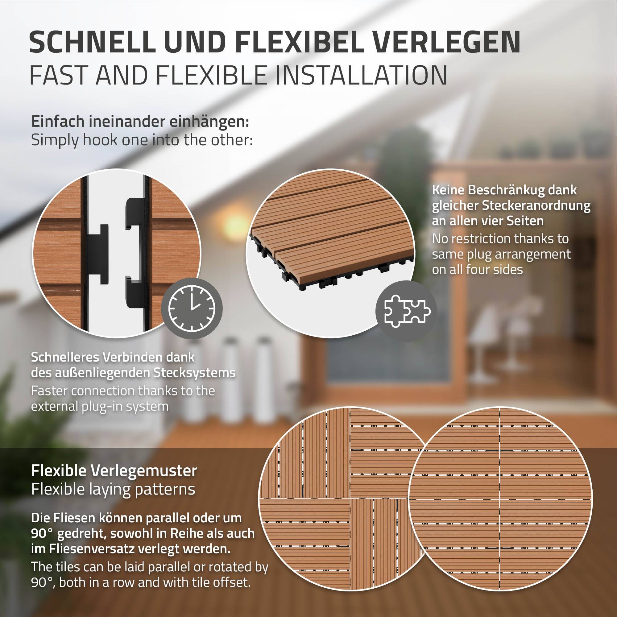 Ecd-Germany - Carreaux WPC de sol 60x30cm 5m² aspect de bois marron clair - Imagen 5