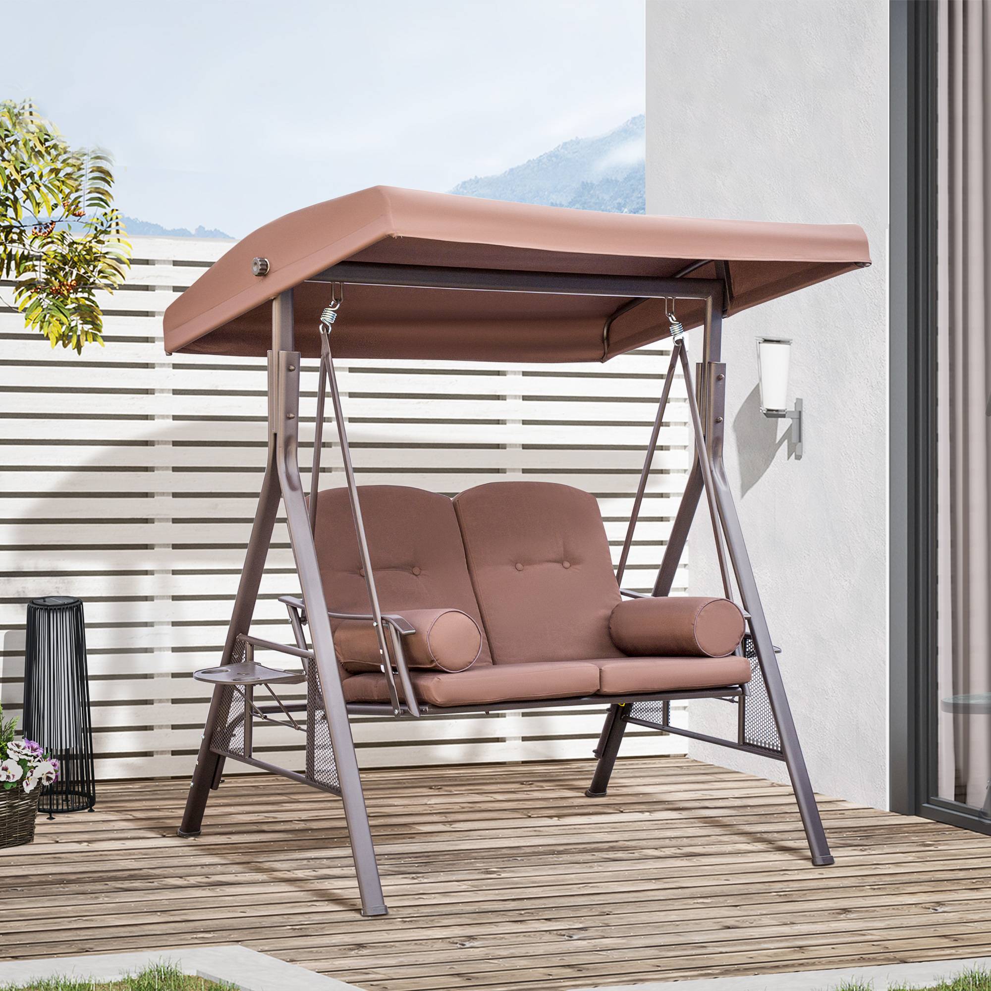 Outsunny - Balancelle de jardin 2 places grand confort coussins fournis accoudoirs tablettes pare-soleil marron - Outsunny - Imagen 2