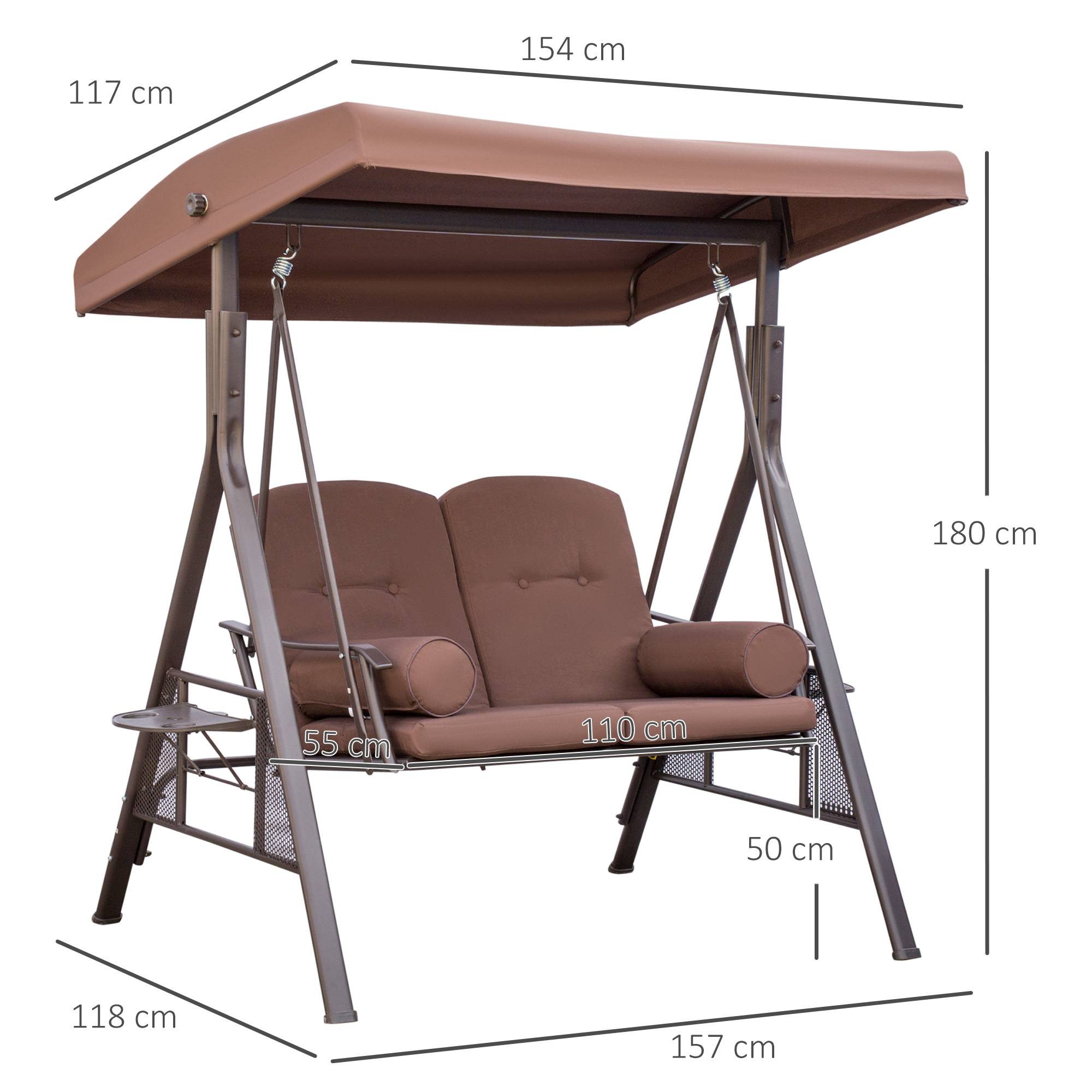 Outsunny - Balancelle de jardin 2 places grand confort coussins fournis accoudoirs tablettes pare-soleil marron - Outsunny - Imagen 3