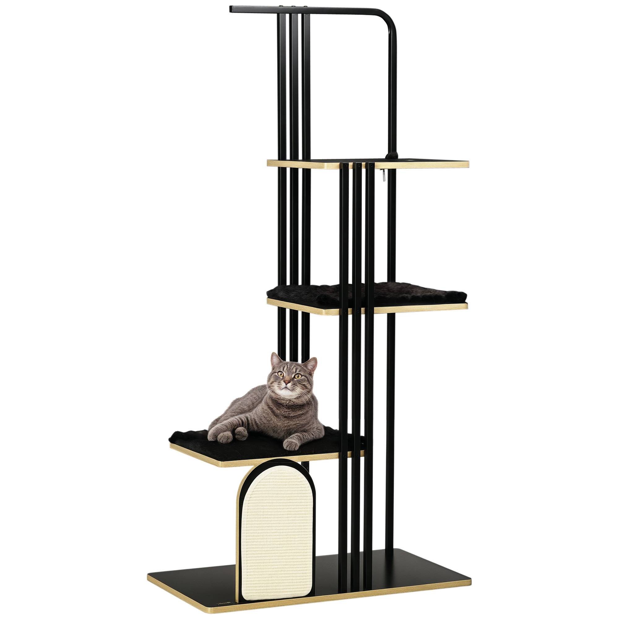 arbre à chat design industriel 3 plateformes 2 coussins mur griffoir acier noir 85x48x170 cm chat moderne