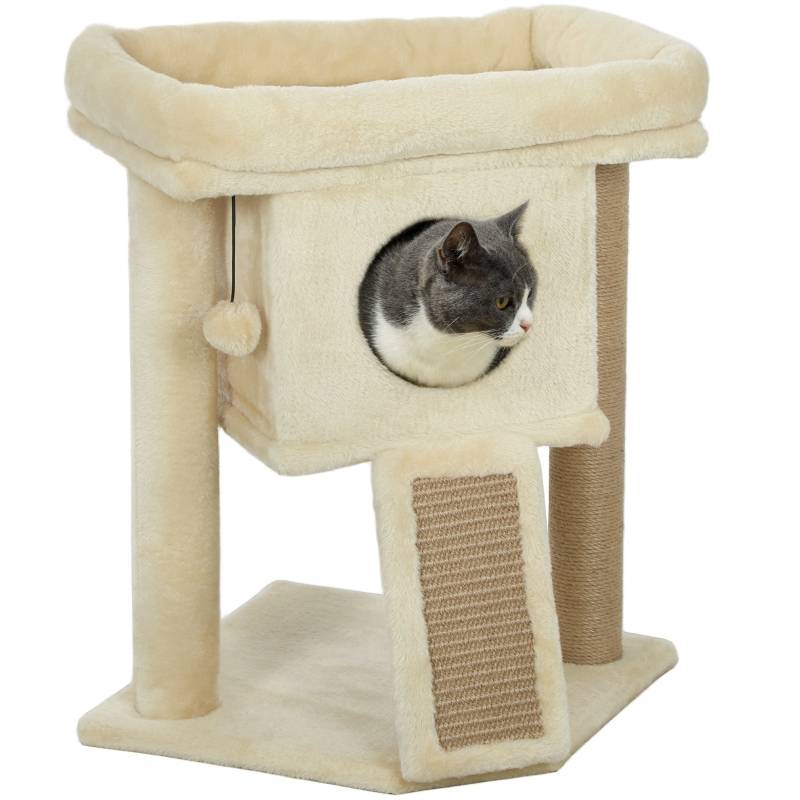 Arbre à chat avec tapis à griffer en jute, plateforme de couchage, balle de jeu, maison pour chat, beige, 40 x 40 x 57 cm - Image 7