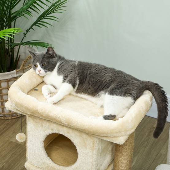 Arbre à chat avec tapis à griffer en jute, plateforme de couchage, balle de jeu, maison pour chat, beige, 40 x 40 x 57 cm - Image 6