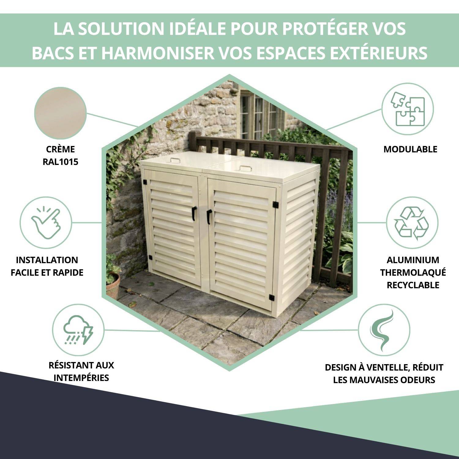 Cache Poubelle Extérieur Double en Aluminium thermolaqué - Abri pour 2 conteneurs 360 Litres – Crème RAL 1015 - Image 2