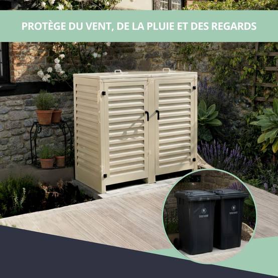 Cache Poubelle Extérieur Double en Aluminium thermolaqué - Abri pour 2 conteneurs 360 Litres – Crème RAL 1015 - Image 4