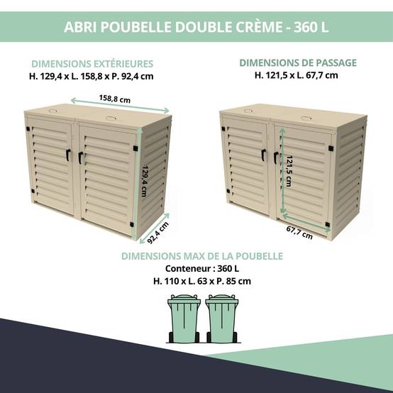 Cache Poubelle Extérieur Double en Aluminium thermolaqué - Abri pour 2 conteneurs 360 Litres – Crème RAL 1015 - Image 3
