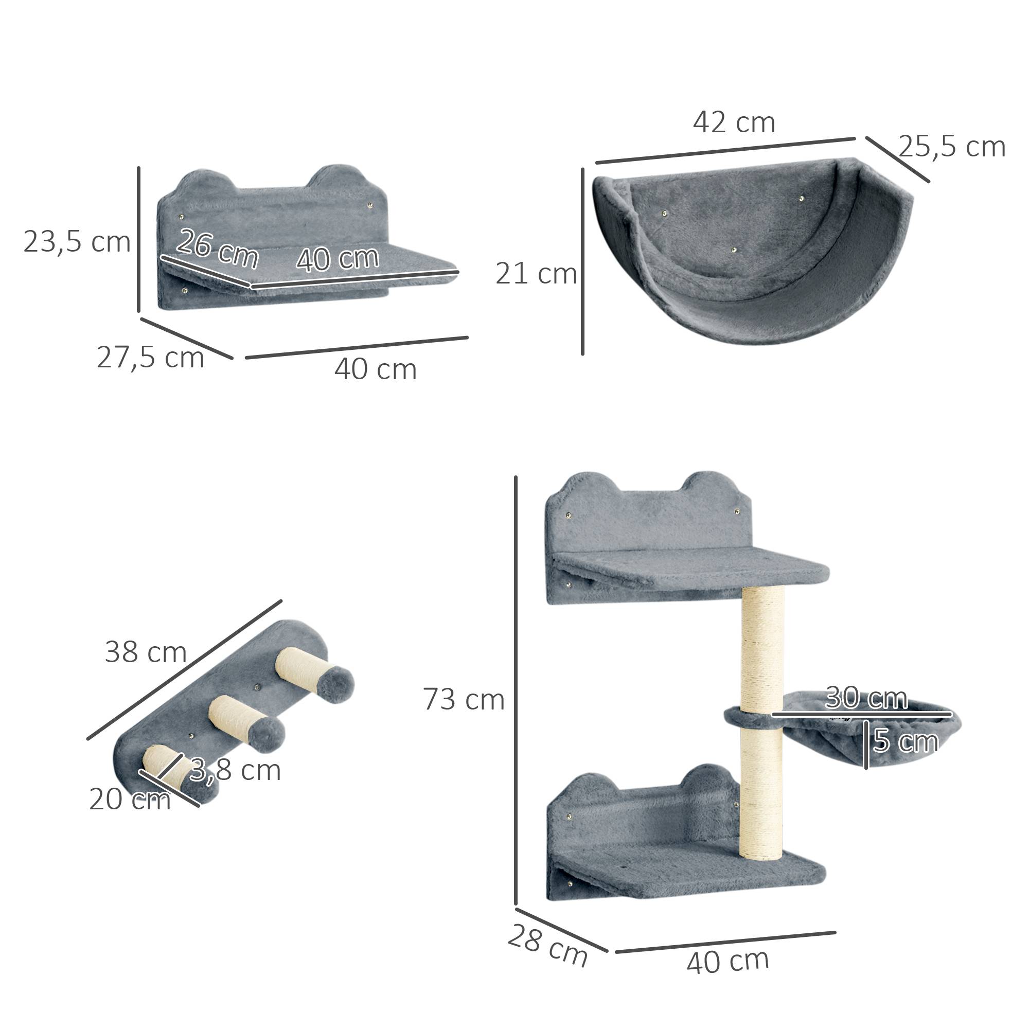 Pawhut - Mur d'escalade pour chat - arbre à chat design mural - griffoirs, plateformes, 2 paniers, échelle - sisal peluche gris - Imagen 3