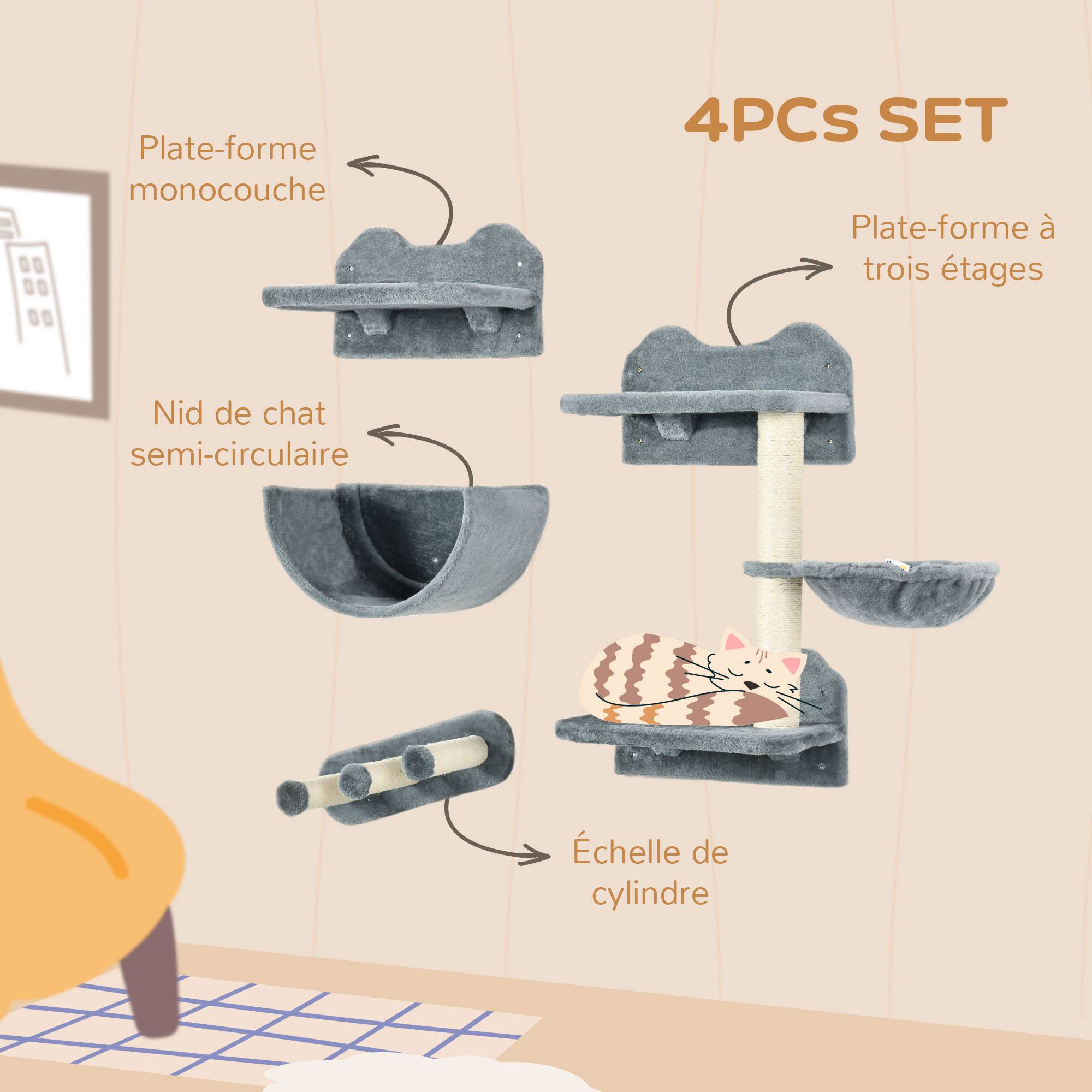 Pawhut - Mur d'escalade pour chat - arbre à chat design mural - griffoirs, plateformes, 2 paniers, échelle - sisal peluche gris - Imagen 5