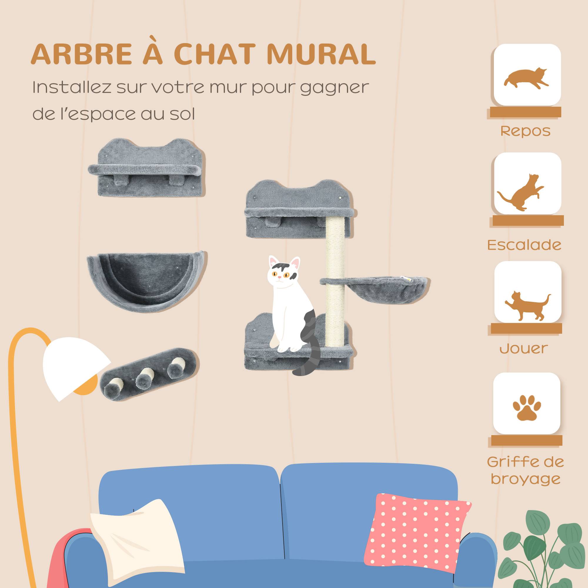 Pawhut - Mur d'escalade pour chat - arbre à chat design mural - griffoirs, plateformes, 2 paniers, échelle - sisal peluche gris - Imagen 4