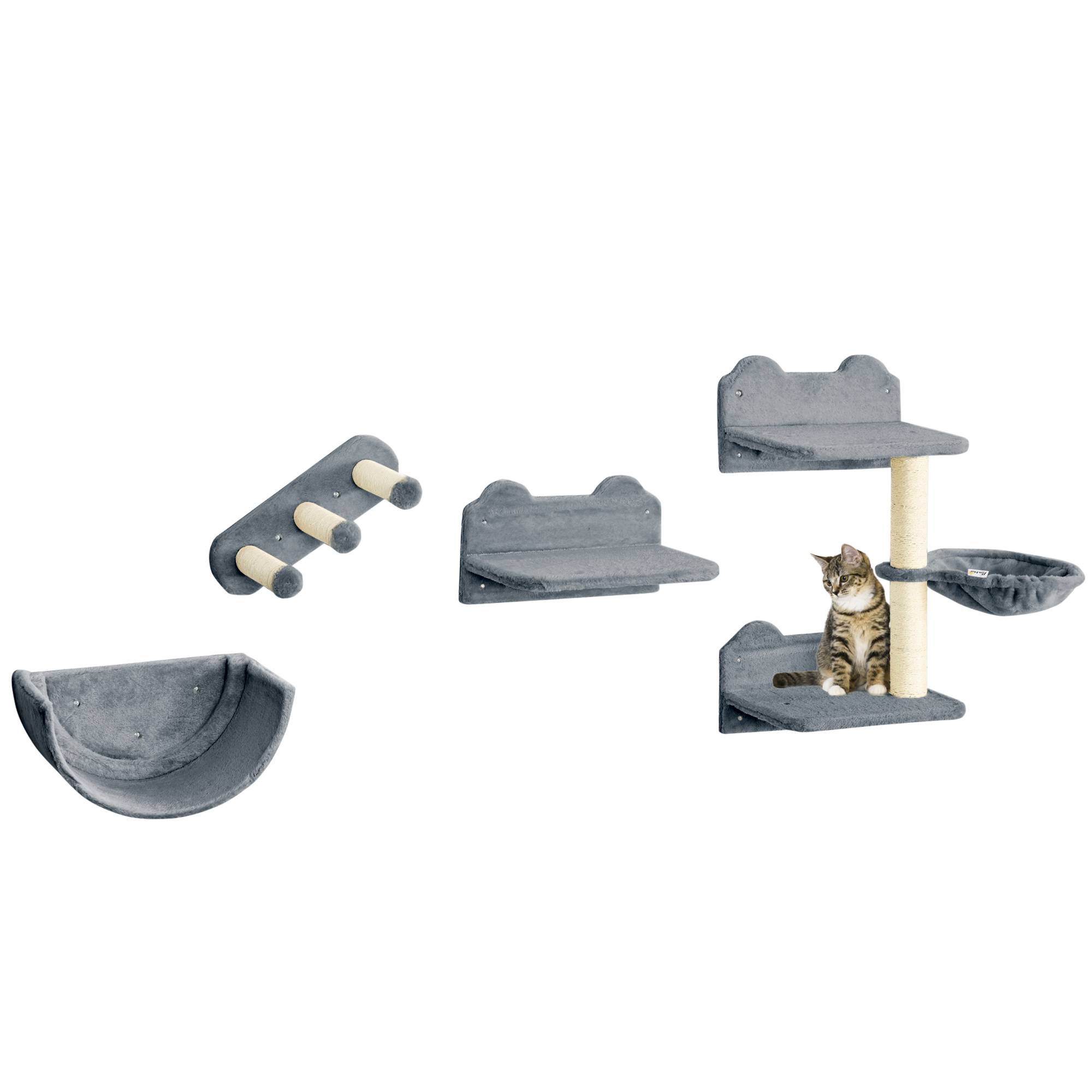 Pawhut - Mur d'escalade pour chat - arbre à chat design mural - griffoirs, plateformes, 2 paniers, échelle - sisal peluche gris - Imagen 1