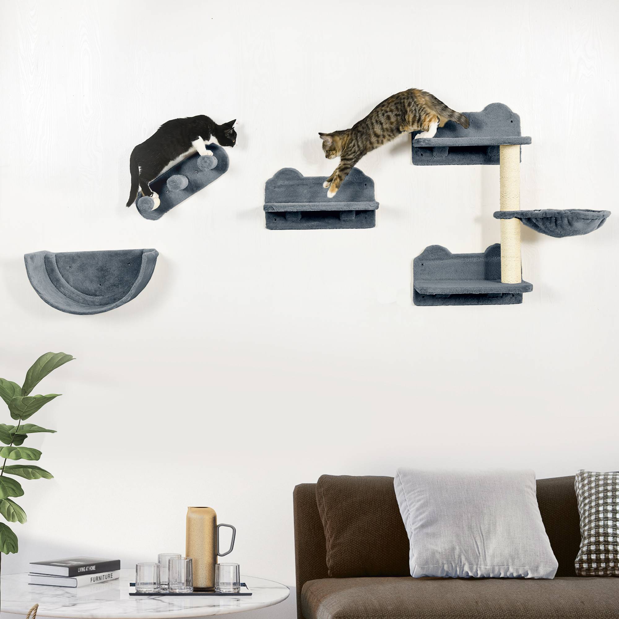 Pawhut - Mur d'escalade pour chat - arbre à chat design mural - griffoirs, plateformes, 2 paniers, échelle - sisal peluche gris - Imagen 2