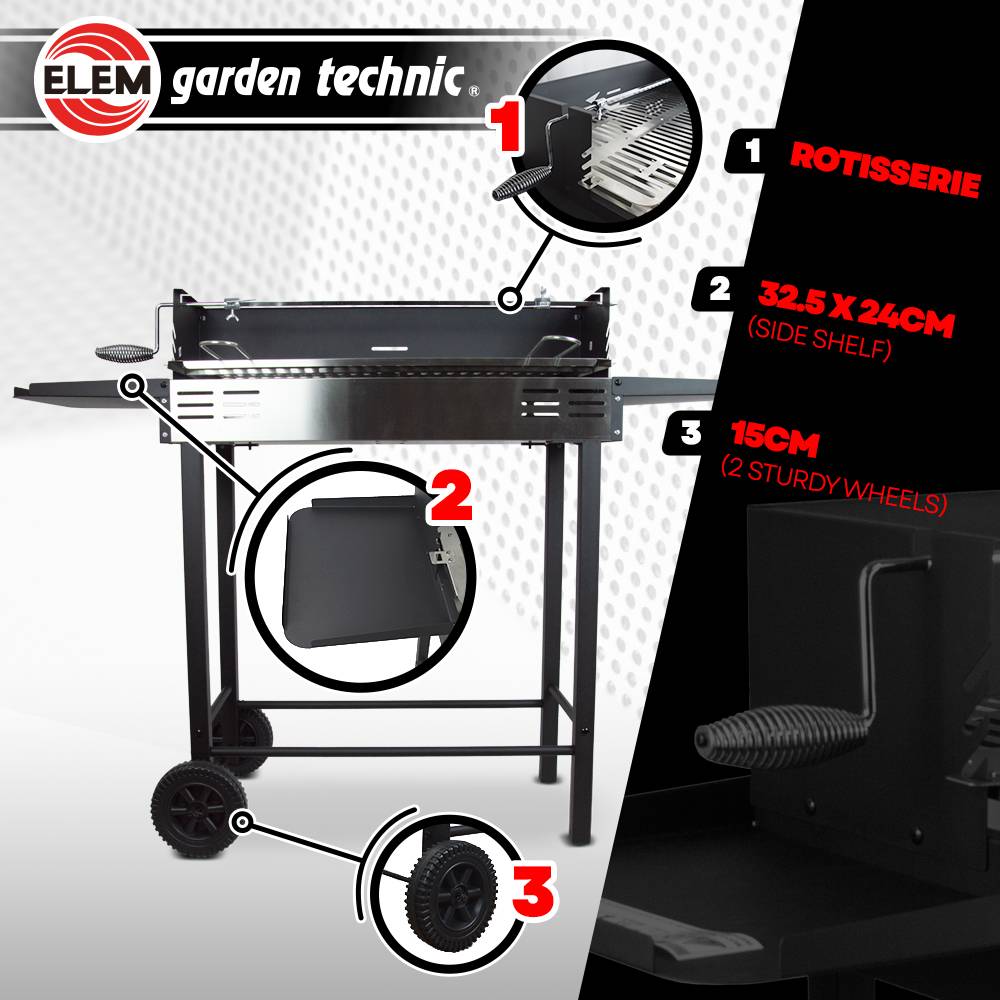 Elem Garden Technic - Barbecue charbon de bois avec roues et broche, surface de cuisson 68x33cm - Image 3