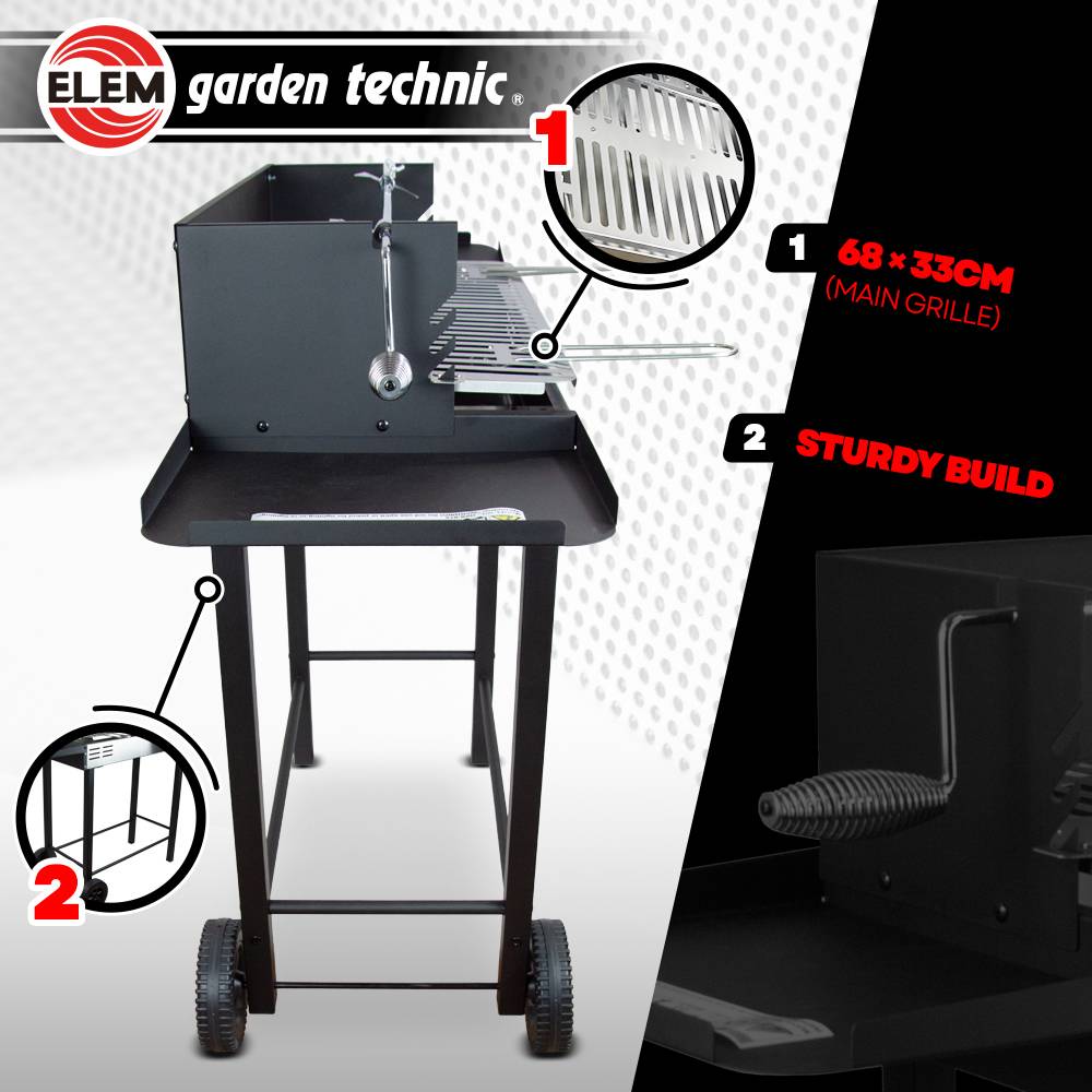 Elem Garden Technic - Barbecue charbon de bois avec roues et broche, surface de cuisson 68x33cm - Image 4