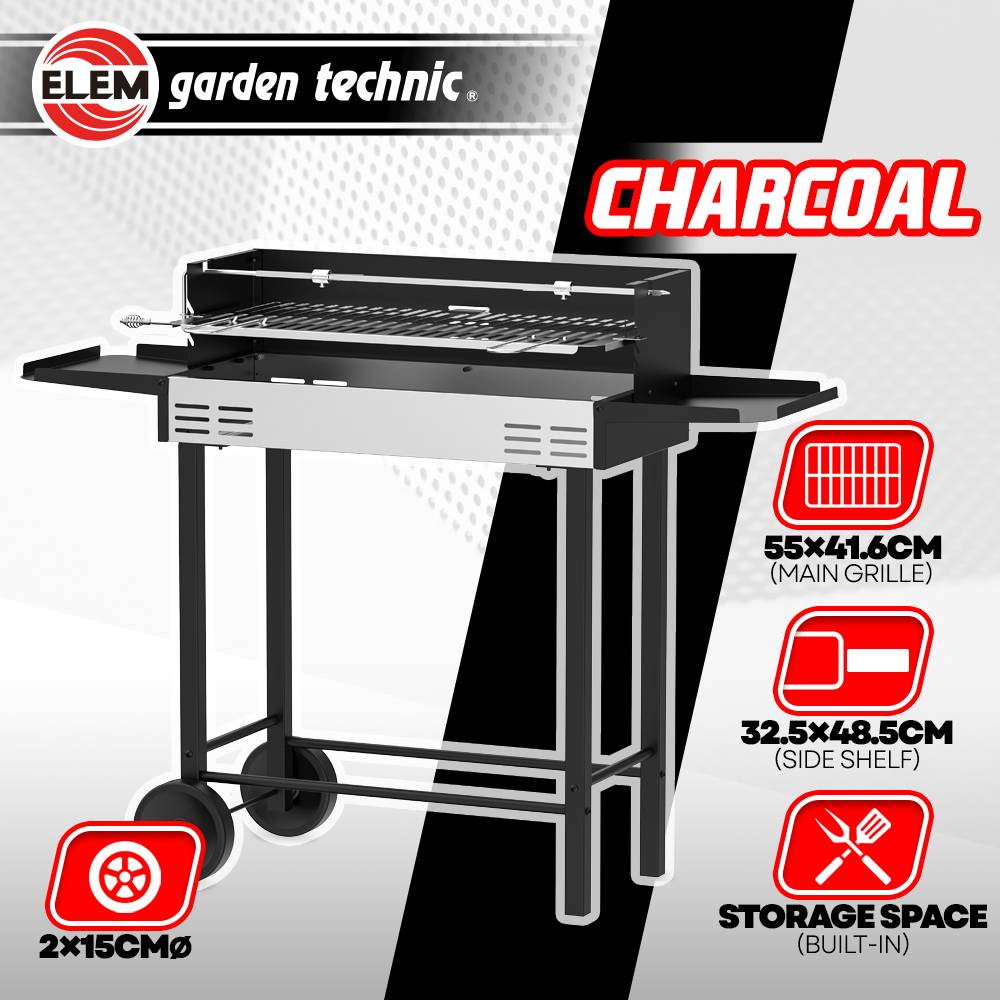 Elem Garden Technic - Barbecue charbon de bois avec roues et broche, surface de cuisson 68x33cm - Image 2