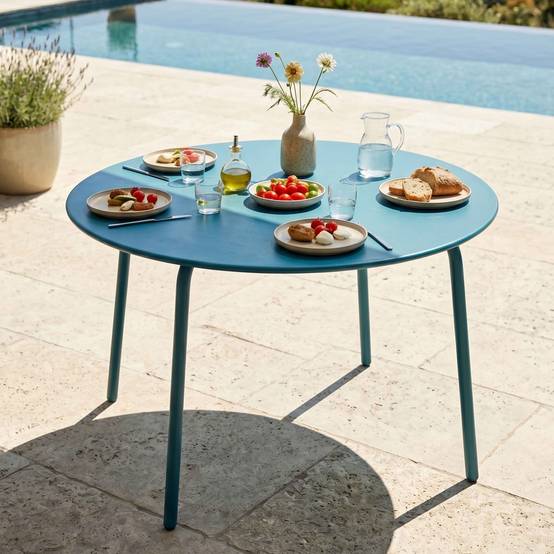 Oviala - Ensemble table de jardin ronde et 6 chaises en métal bleu pacific Palavas - Oviala - Imagen 3