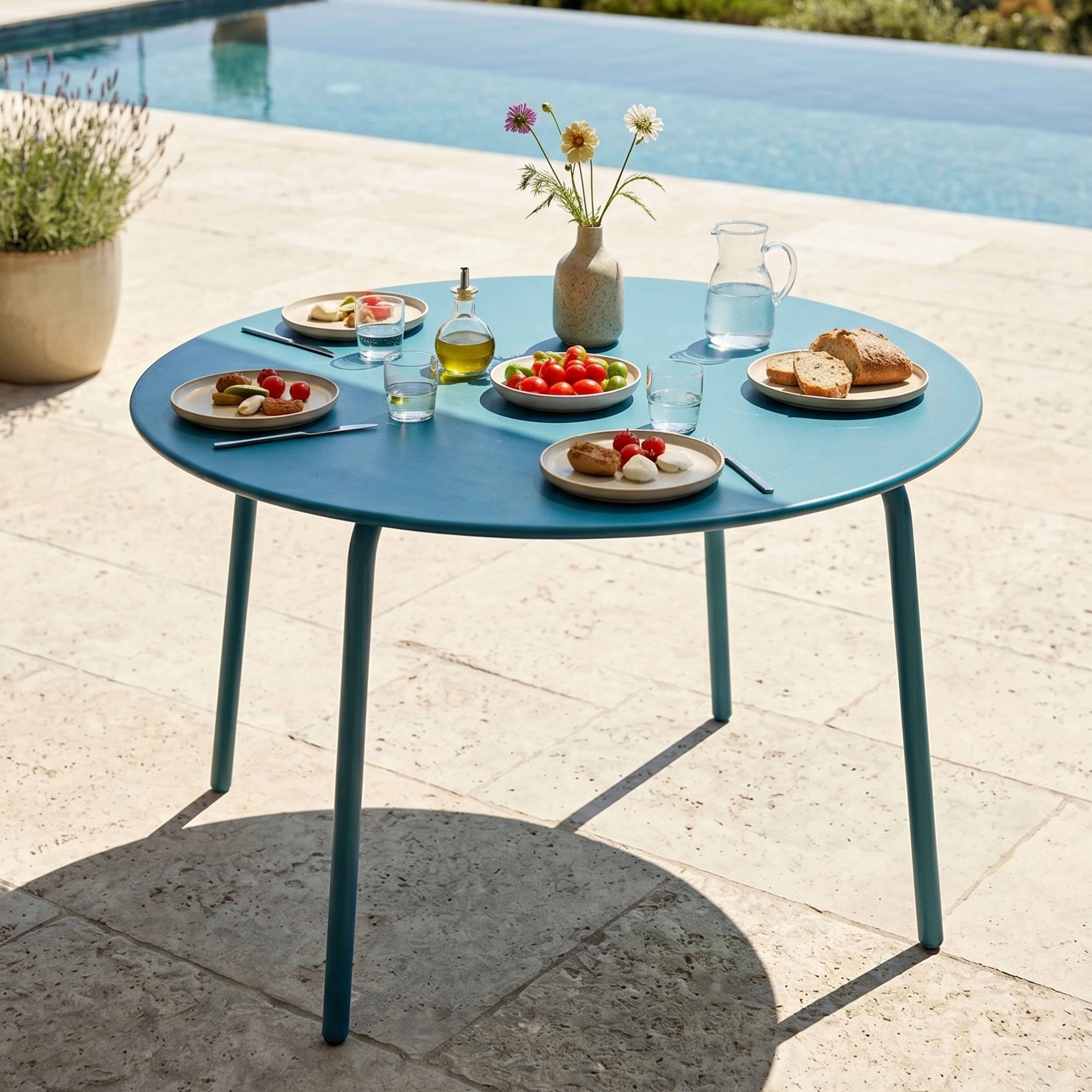 Oviala - Ensemble table de jardin ronde et 6 chaises en métal bleu pacific Palavas - Oviala - Imagen 3