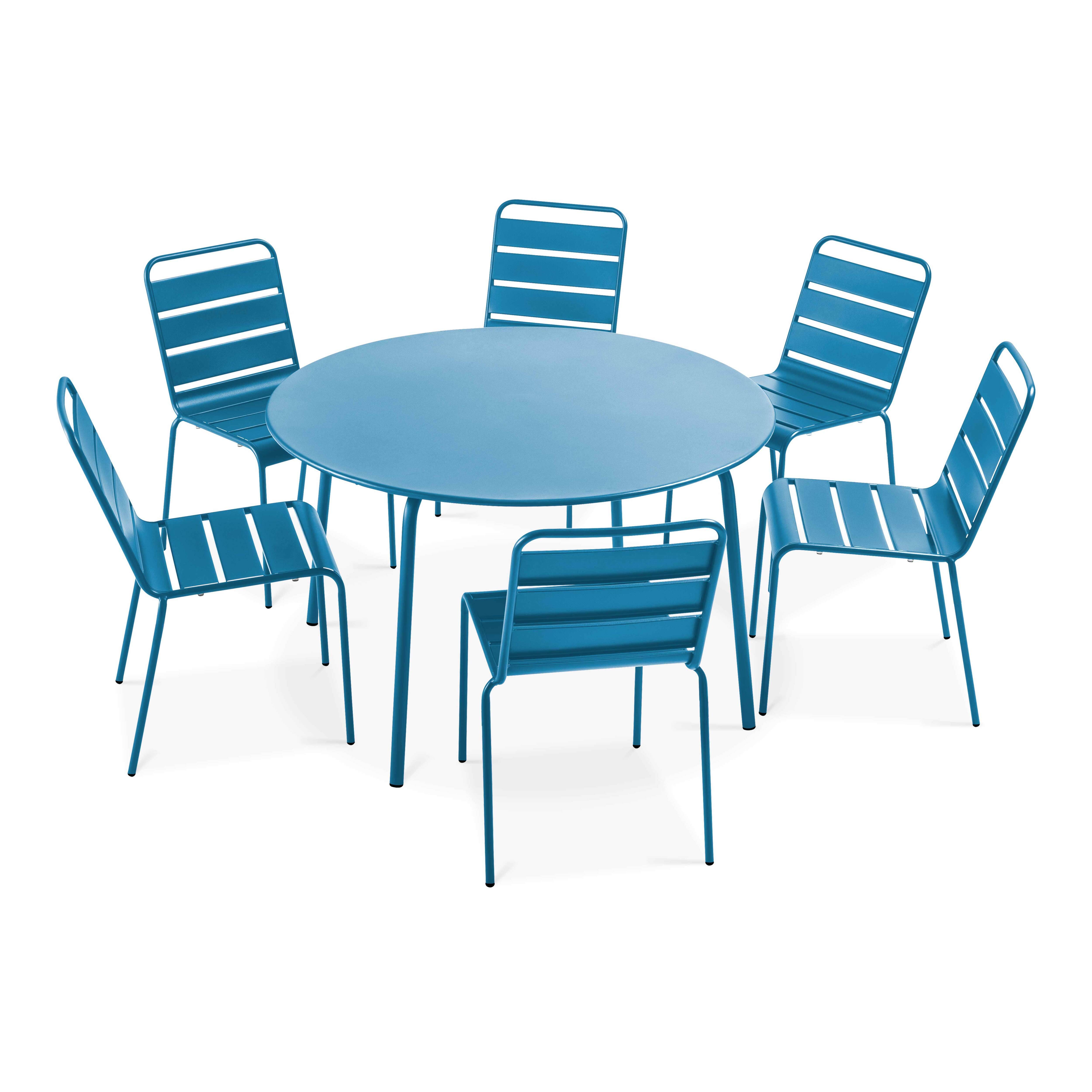 Oviala - Ensemble table de jardin ronde et 6 chaises en métal bleu pacific Palavas - Oviala - Imagen 1