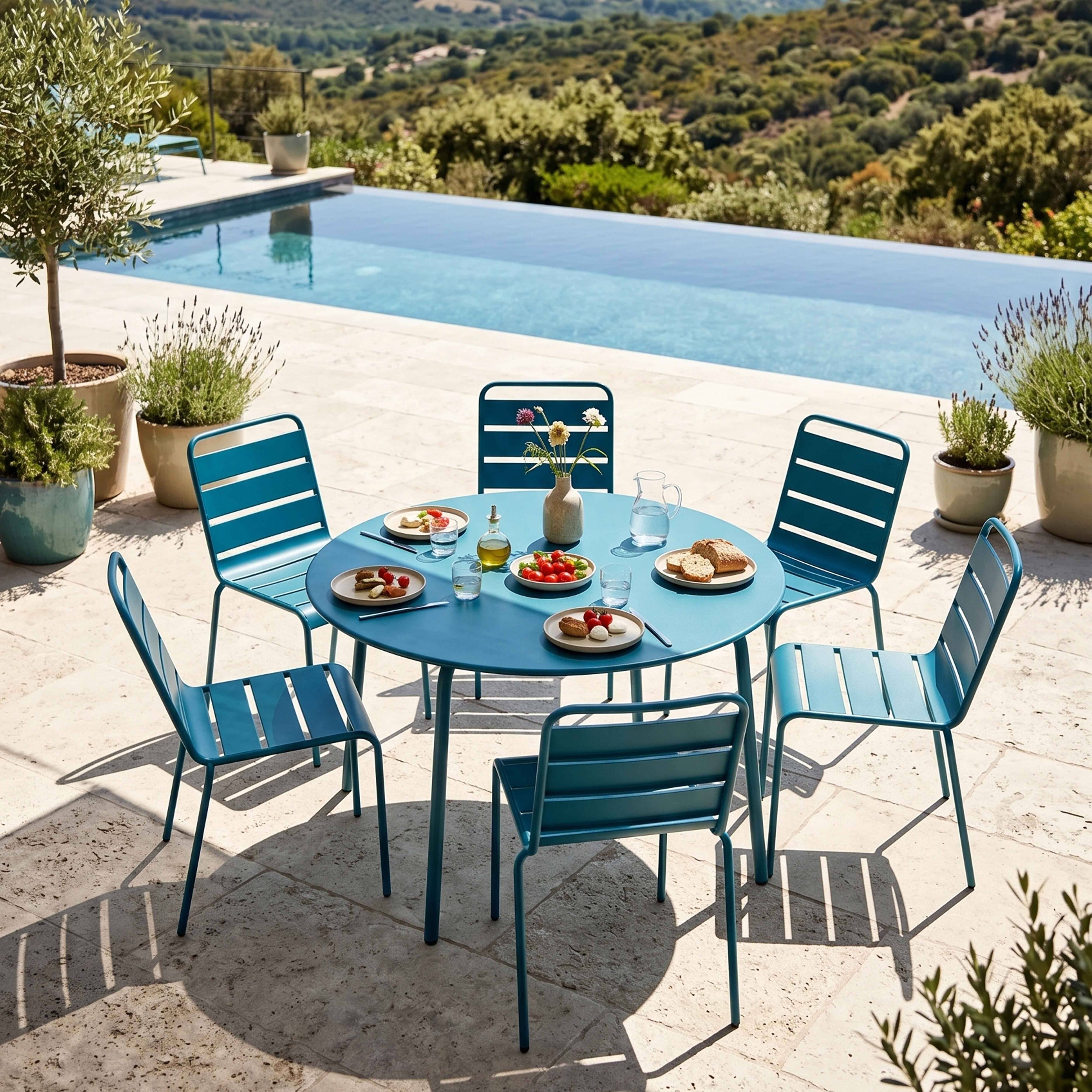 Oviala - Ensemble table de jardin ronde et 6 chaises en métal bleu pacific Palavas - Oviala - Imagen 2