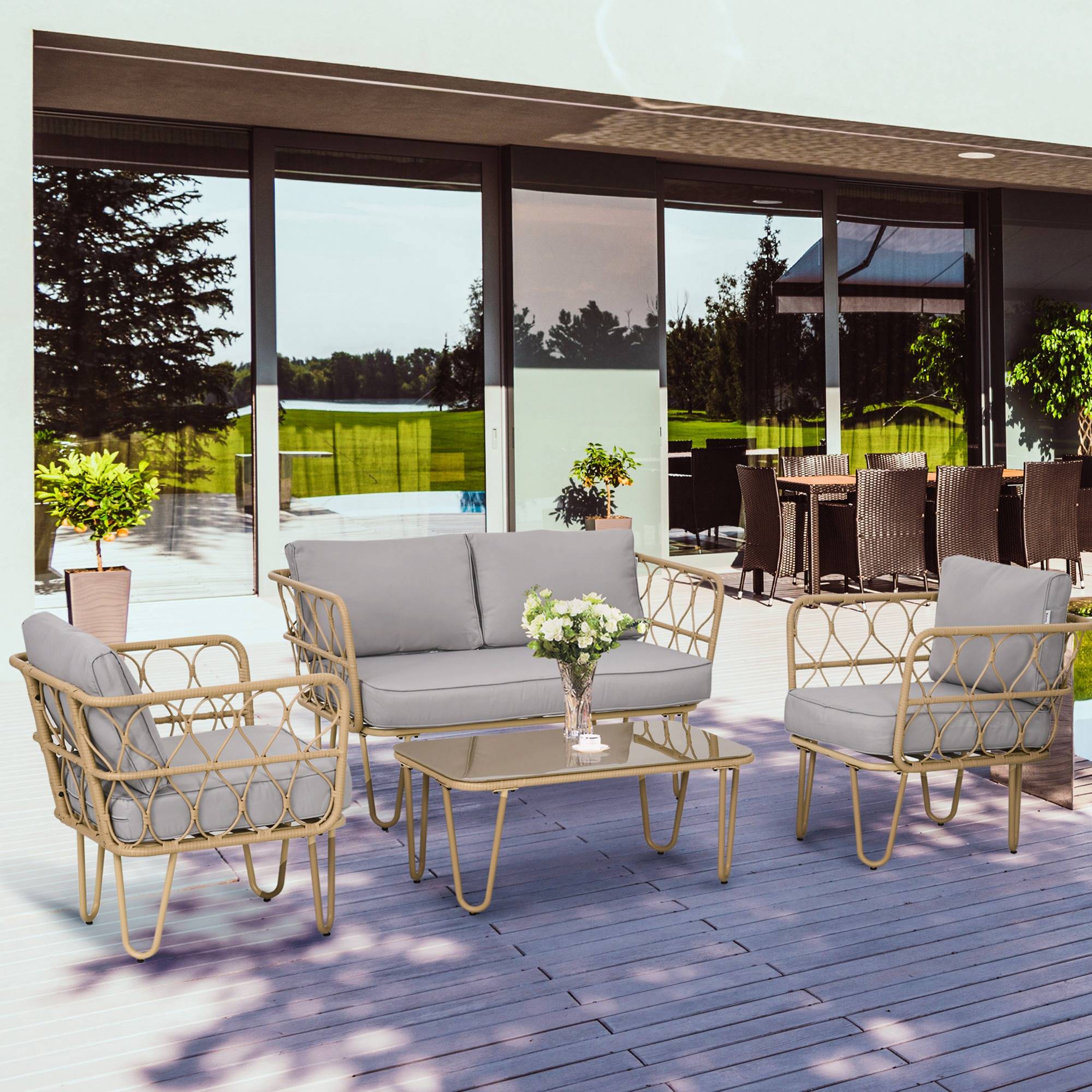 Salon de Jardin 4 Places Canapé Fauteuils et Table Basse en Corde Tressée Naturel - ComfortXL Outdoor Living - Image 4