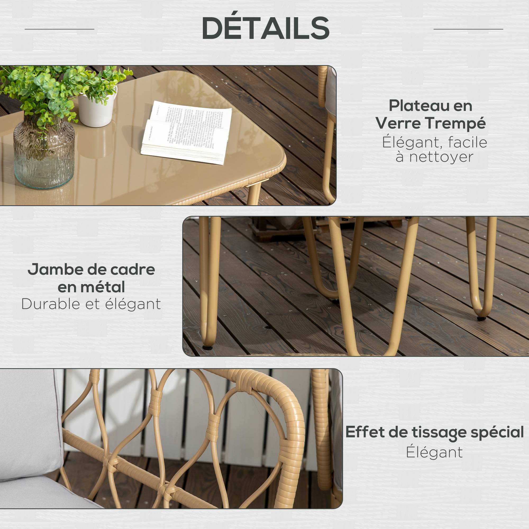 Salon de Jardin 4 Places Canapé Fauteuils et Table Basse en Corde Tressée Naturel - ComfortXL Outdoor Living - Image 8